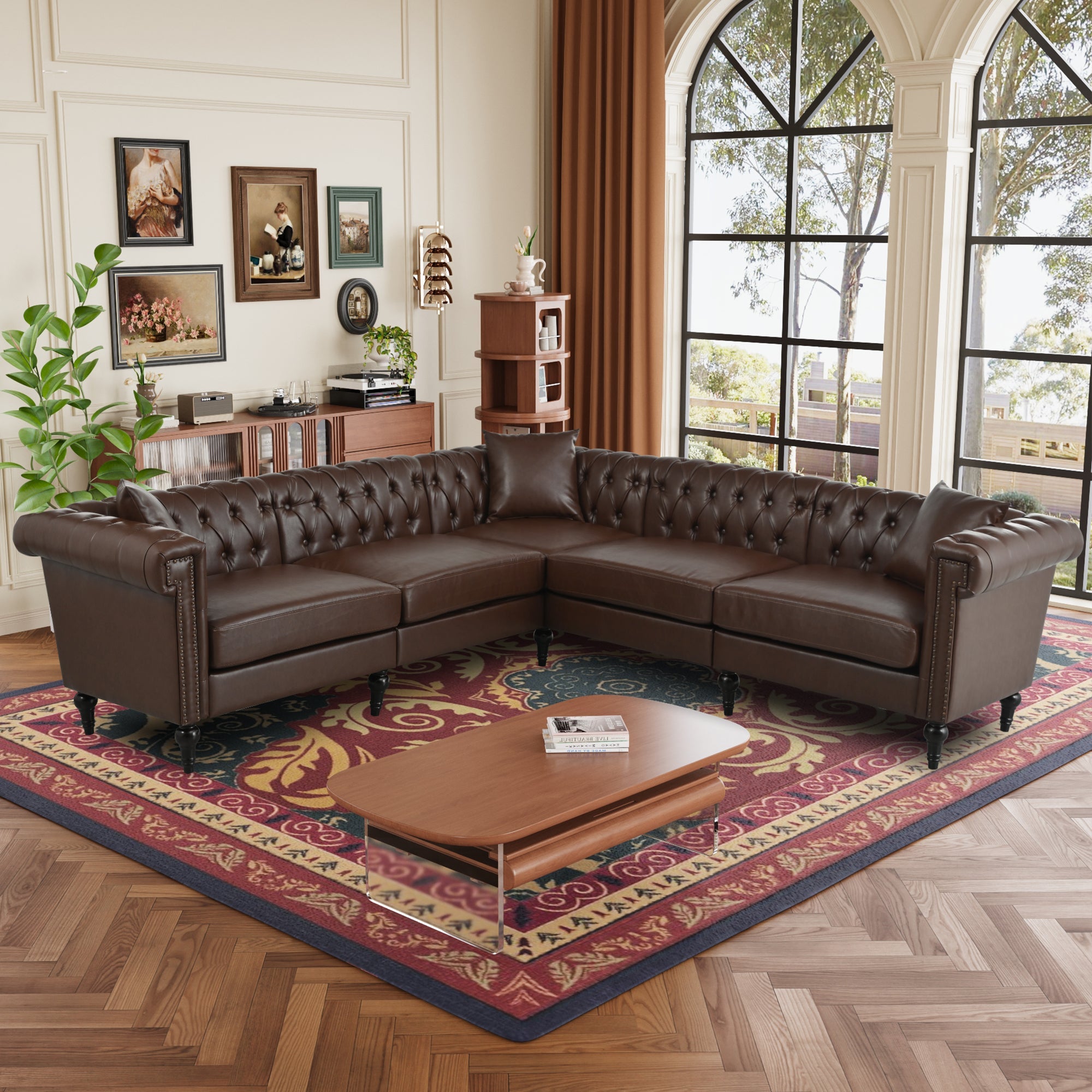 Man cave Sofa Couch for garage, Living Room, L Shaped Reversible Modern Chesterfield Sofa with Rolled Arms and Nailhead, 5 Seat Tufted Couch for Small or Large Space(Dark Brown) PU Leather