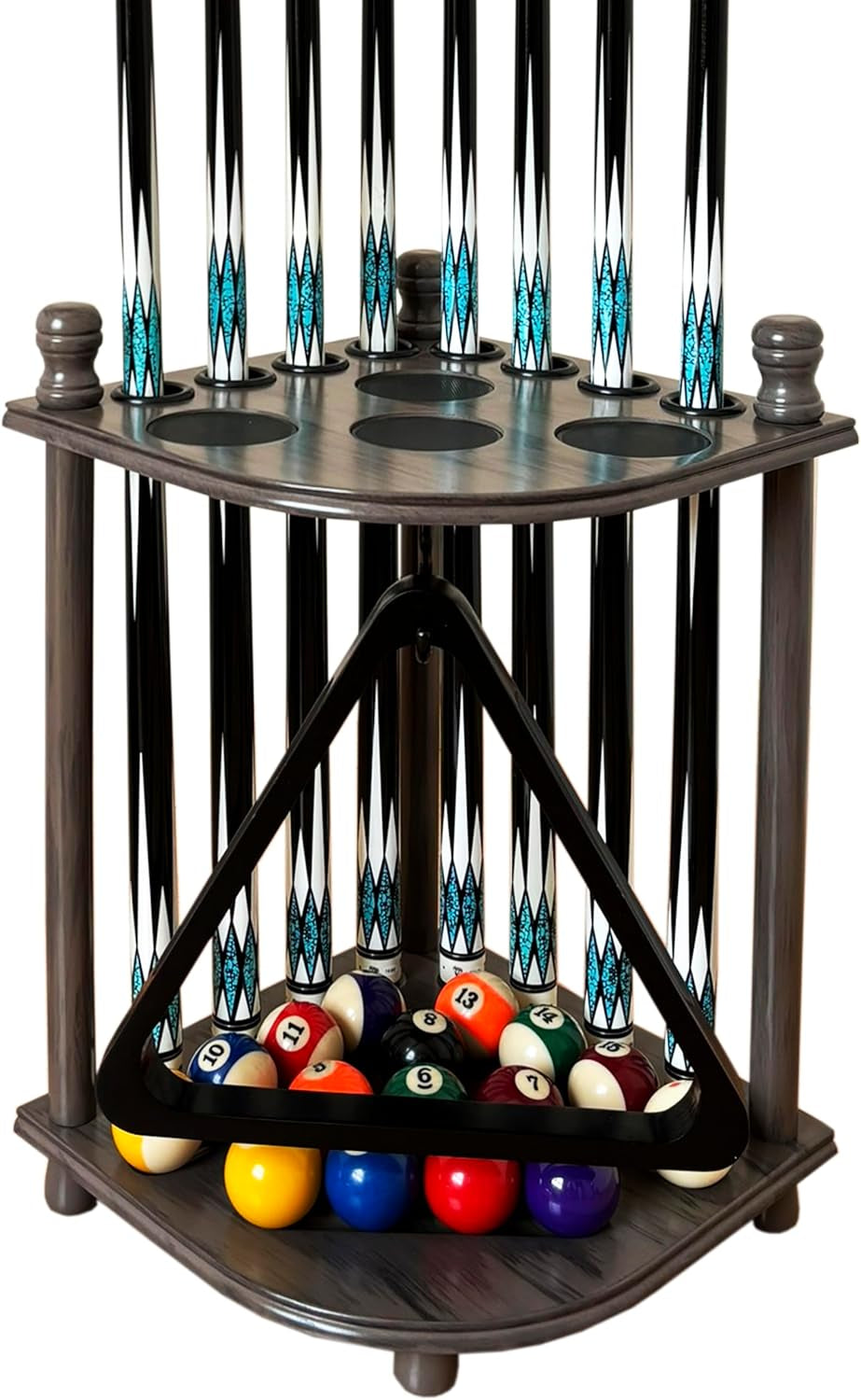 Pool Cue Rack Hold up to 8 Sticks & Billiard Accessories. Floor Stand Pool Cue Stick Holder Made of 100% Solid Hardwood.(Grey)
