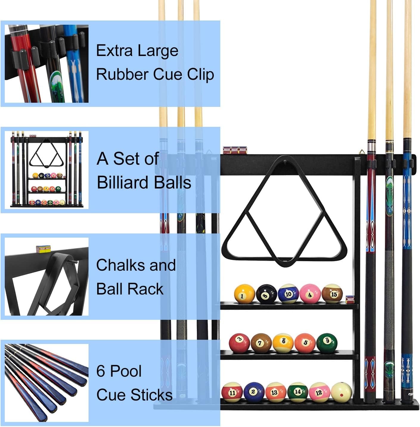 Pool Stick Holder Solid Wood Cue Stick Holder Billiard Cue Racks Holds Billiards Accessories for Game Room, Bar, (Black)