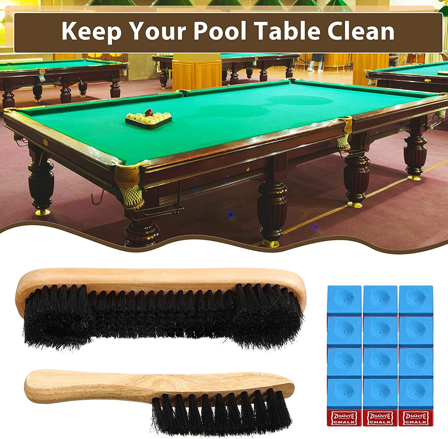 3 Set Billiards Pool Table and Rail Brush Including 12 Pieces Pool Cue Chalk Cubes Snooker Table Wooden Cleaning Brush Kit Table Billiards Accessories, 9 Inches (Beige)