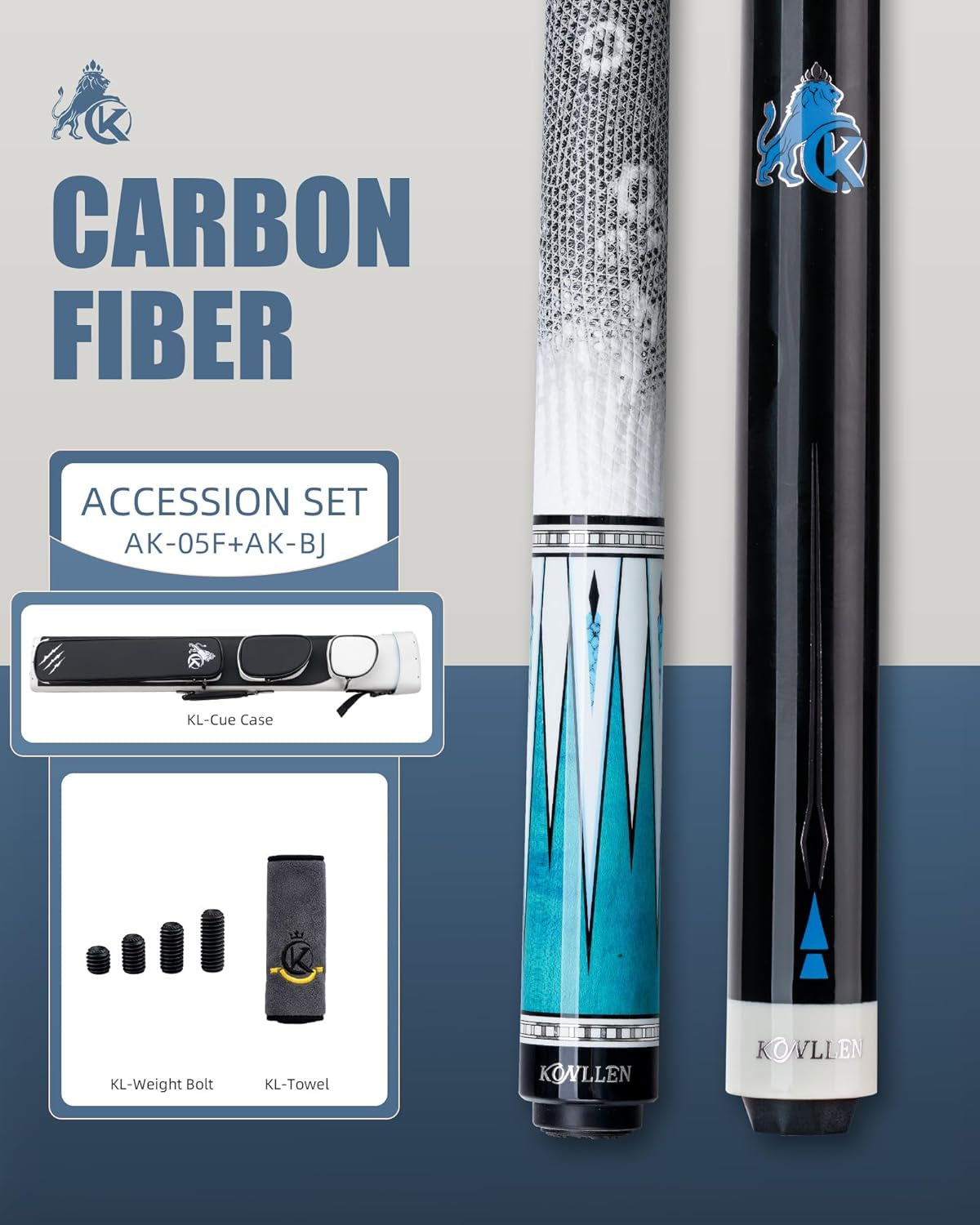 Carbon Fiber Cue Set, Low Deflection, Break Jump Cue, 2X4 Case | Includes Playing Cue, Break Jump Cue, 2X4 Cue Case, Towel and Weight Bolts for League Practice and Tournament Play.