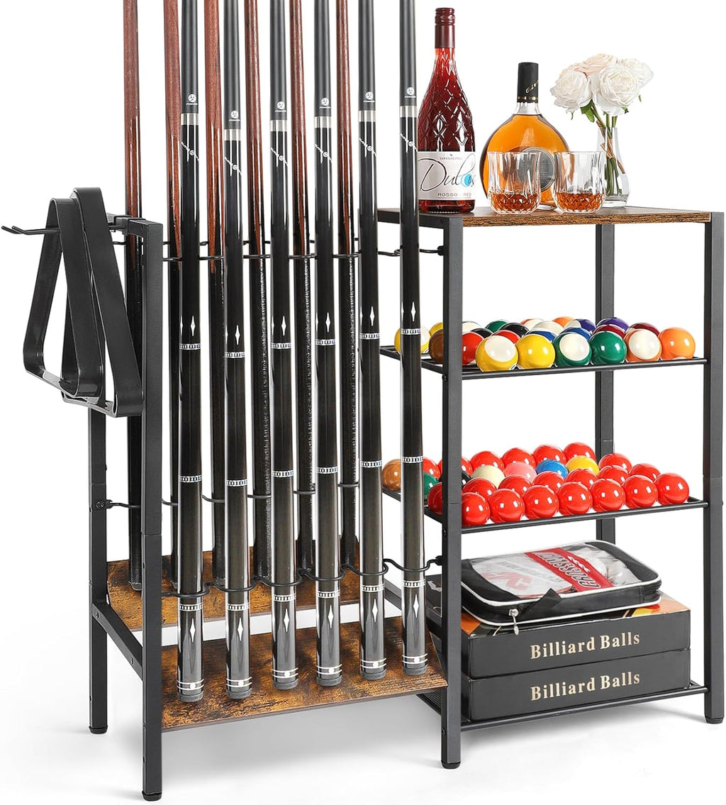 Pool Stick Holder Rack Stand for 12 Cue Sticks -Large Billiards Game Room Storage with Organizer for Balls, Triangle,Pool Table Accessories - Heavy Duty Cue Stick Holder Floor Stand for Home or Bar