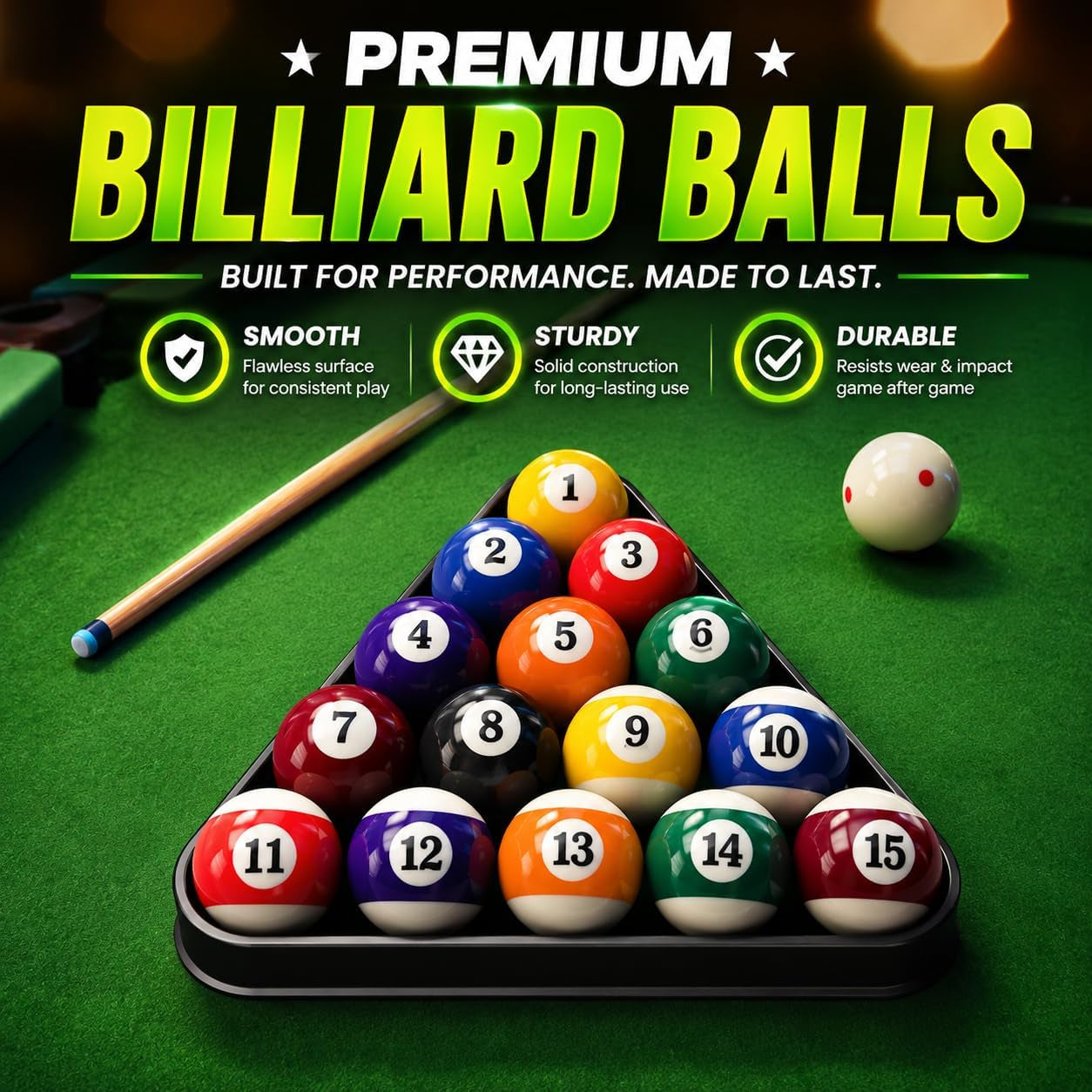 Billiard Balls Set, 2-1/4" Regulation Size Pool Table Balls, Complete 16 Resin Pool Ball Set with Cue Ball, Smooth True Roll, Polished Finish for 8-Ball & Home Bar Tables