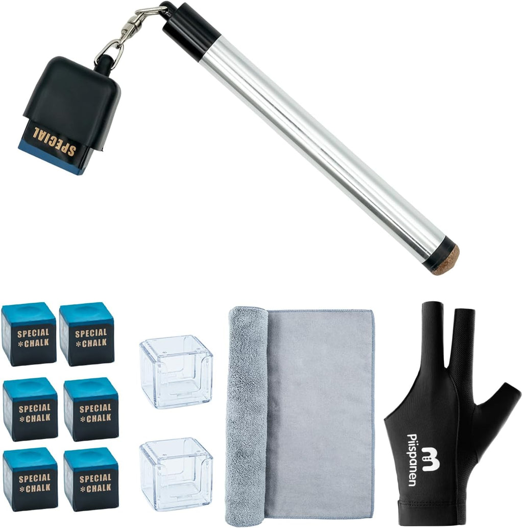 11-In-1 Pool Cue Chalk Holder with Pool Glove Left Hand, Portable 2 in 1 Billiard Cue Chalk Holder & Acrylic Pool Chalk Holder, Cue Chalk, Cue Cloth