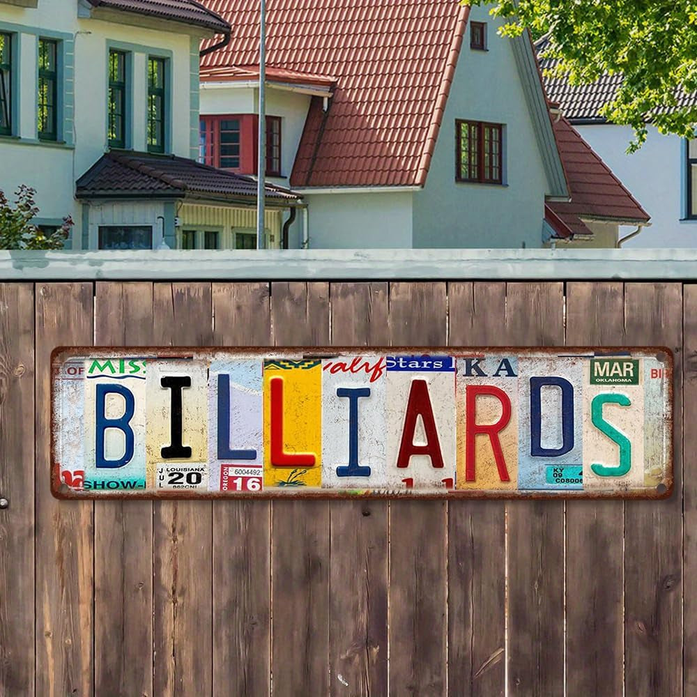 Billiards Metal Sign – Vintage License Plate Style Wall Decor – Rustic Tin Plaque for Man Cave, Game Room, Pool Hall & Pub Bar – Retro Industrial Design with Pre-Drilled Holes 16X4 Inch Aluminum (Diversity-03)