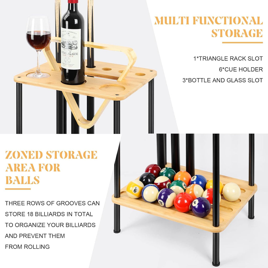 Billiard Accessories - Wooden Pool Cue Rack Holds 6 Sticks, Floor Stand, Wood Color