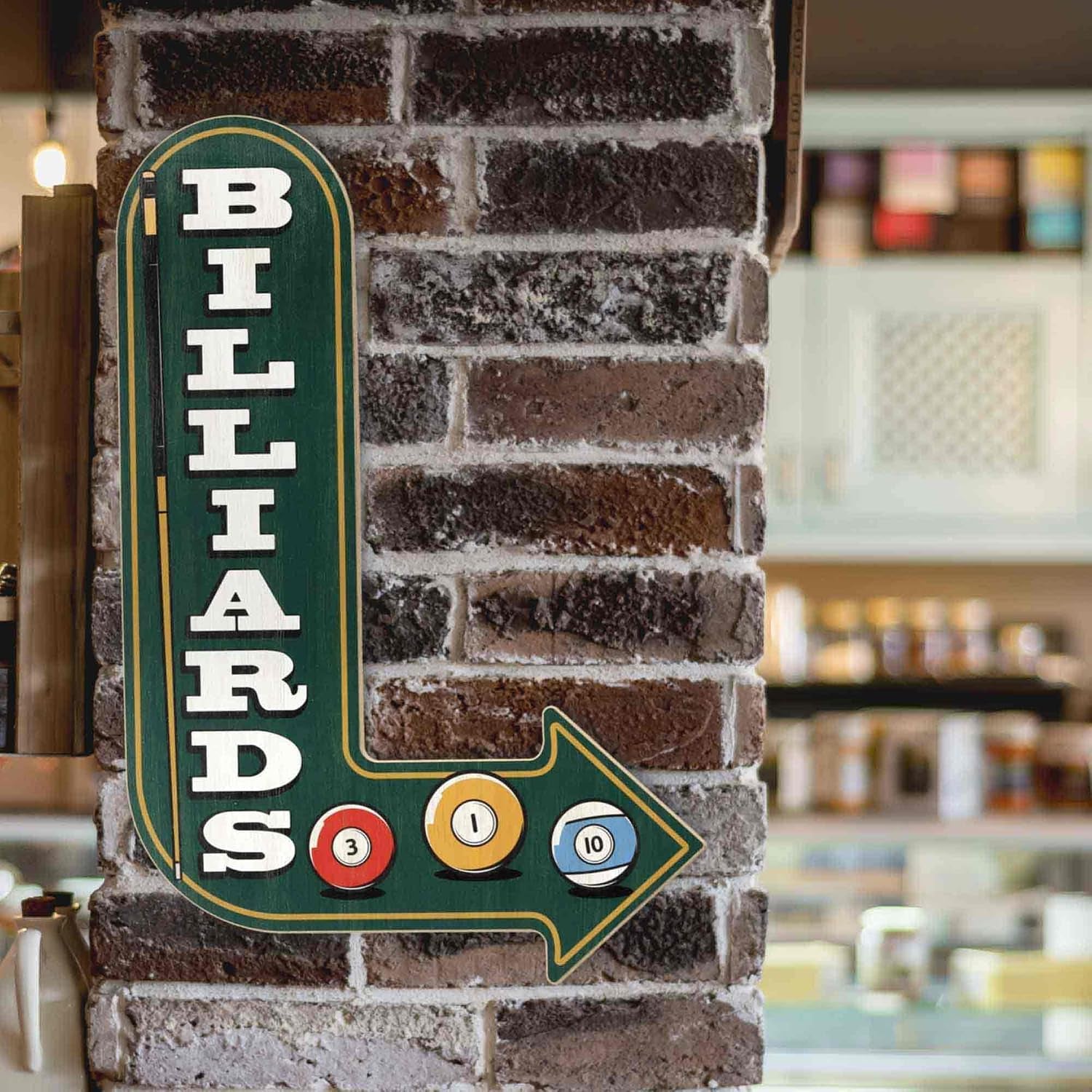 Billiards Arrow Wood Wall Decor - Vintage Billiards Sign for Game Room or Man Cave
