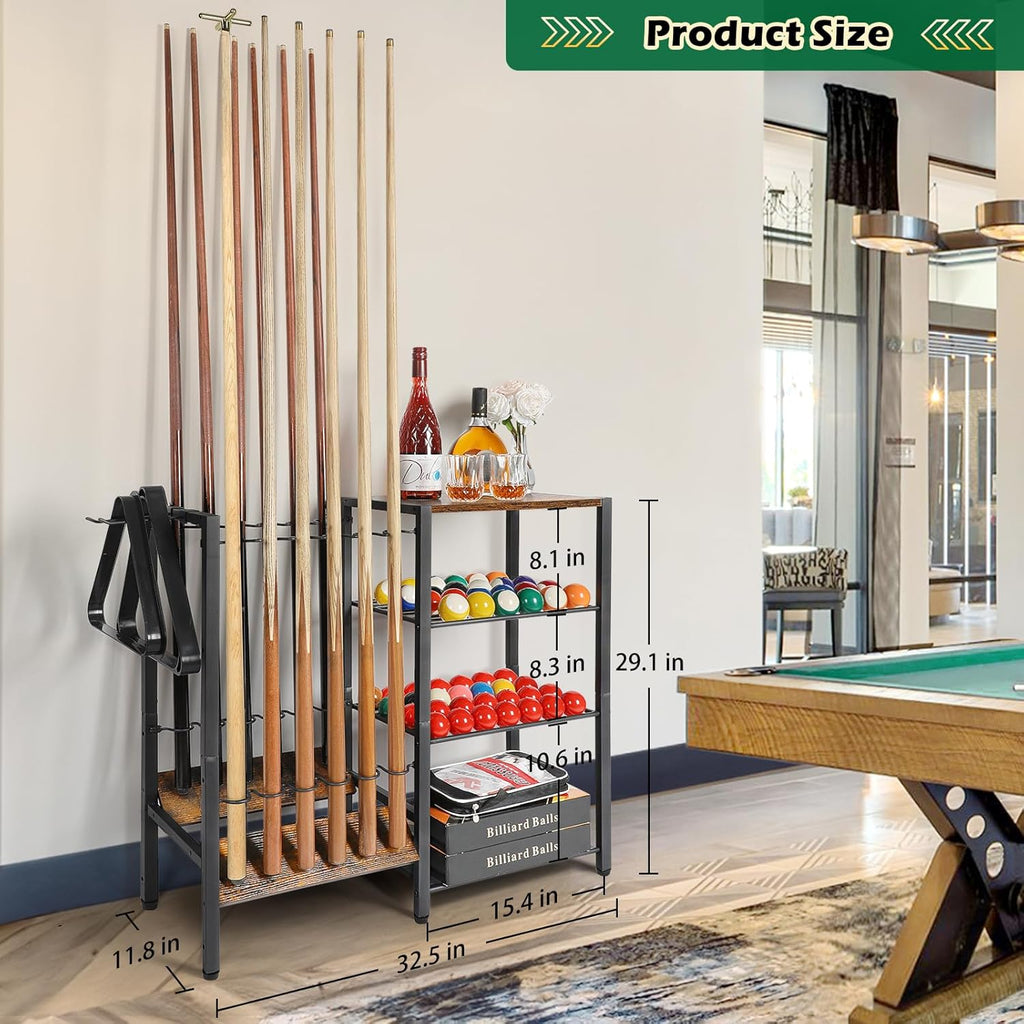 Pool Stick Holder Rack Stand for 12 Cue Sticks -Large Billiards Game Room Storage with Organizer for Balls, Triangle,Pool Table Accessories - Heavy Duty Cue Stick Holder Floor Stand for Home or Bar