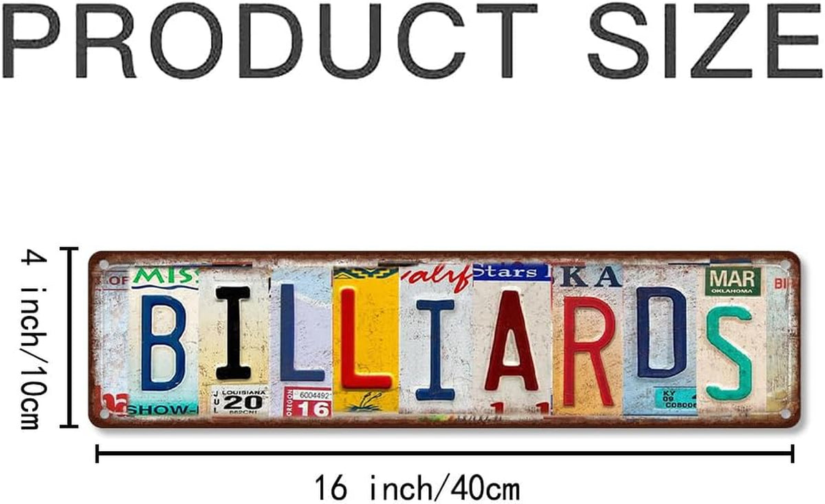 Billiards Metal Sign – Vintage License Plate Style Wall Decor – Rustic Tin Plaque for Man Cave, Game Room, Pool Hall & Pub Bar – Retro Industrial Design with Pre-Drilled Holes 16X4 Inch Aluminum (Diversity-03)