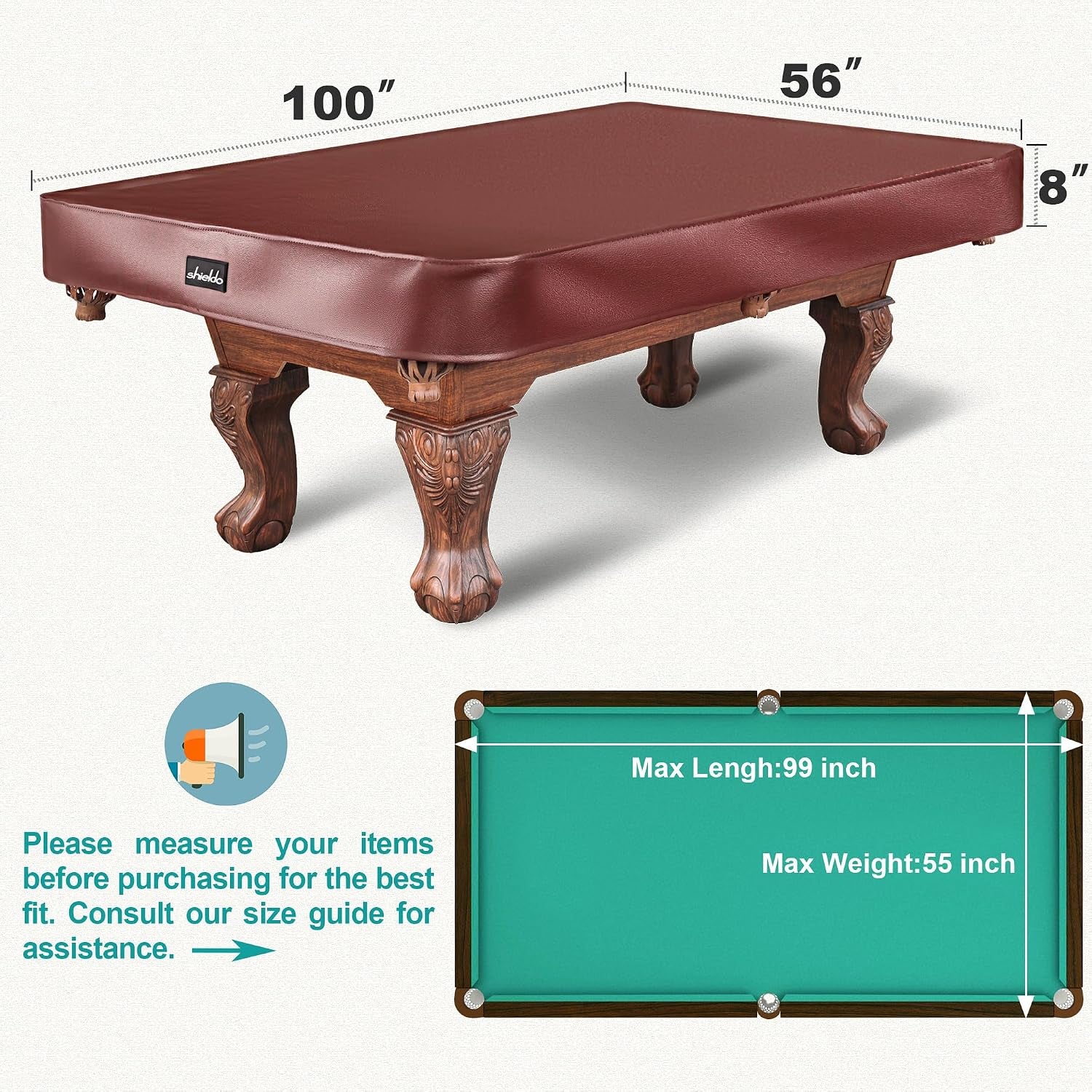 Pool Table Cover, Heavy Duty Leatherette Billiard Table Cover | Waterproof & Tearproof Cover for Pool Table, Brown, 8FT-100"LX 56"WX 8"H
