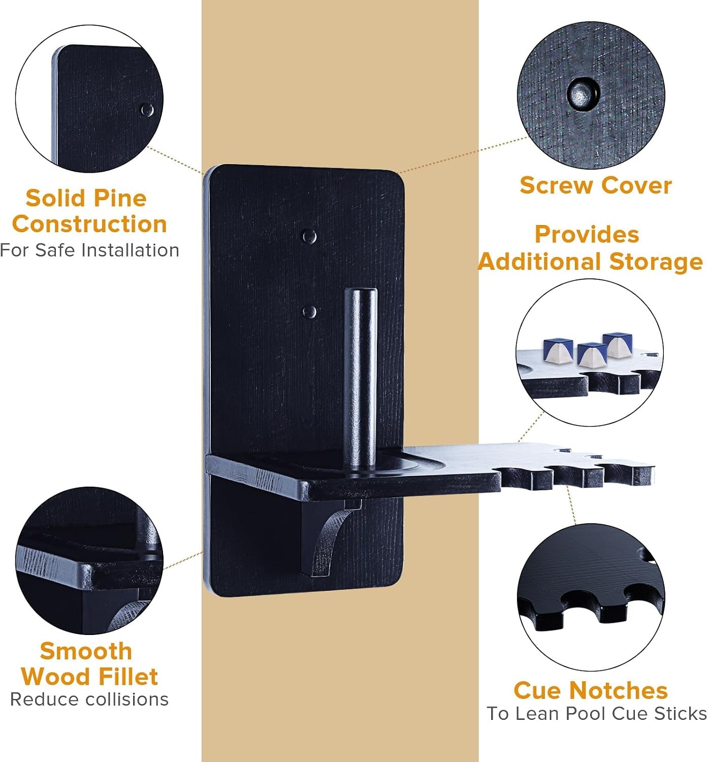 Pool Chalk Holder - Wall Mounted Solid Wood Cone Chalk Holder for Billiards - Pool Table Accessories Black