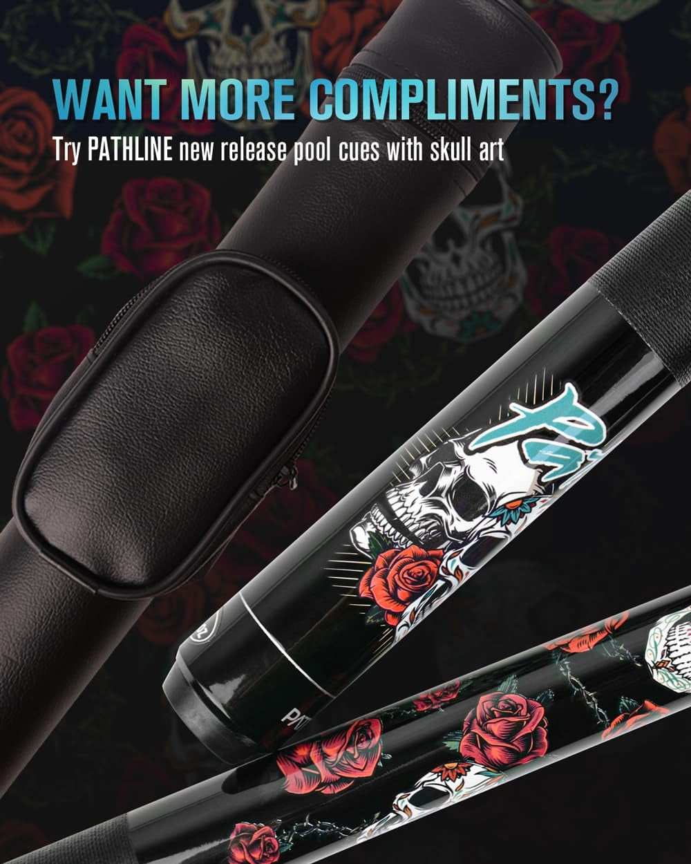 Pool Cue Stick - 58" 13Mm Tip Billiard Cue and Case | Skull Rose Design, Hard Maple Shaft, Linen Wrap, 18-21Oz Weight, Cue & Case Kit, for Serious Player