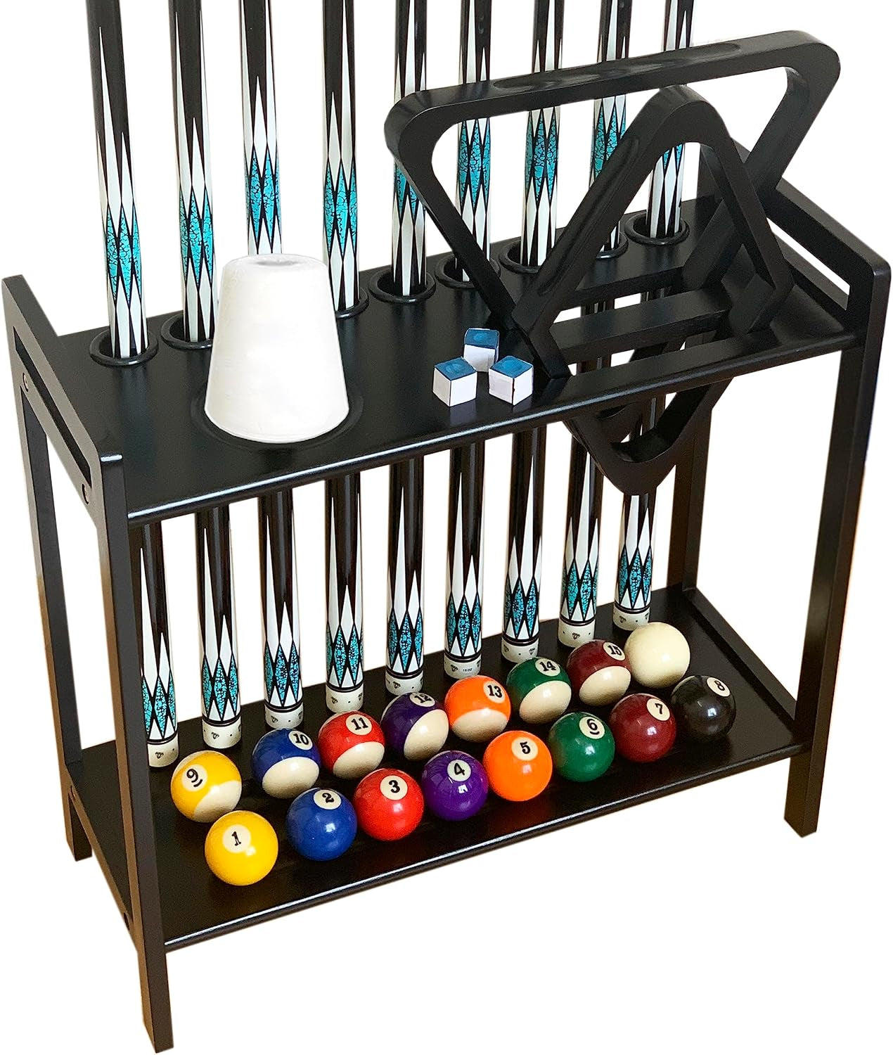 Pool Stick Holder Floor Stand Holds 9 Cues & Pool Table Accessories. Wooden 2-Tier Cue Stick Storage with Ball Rack Hangers, Billiard Cone Chalk Holder or Drink Pads