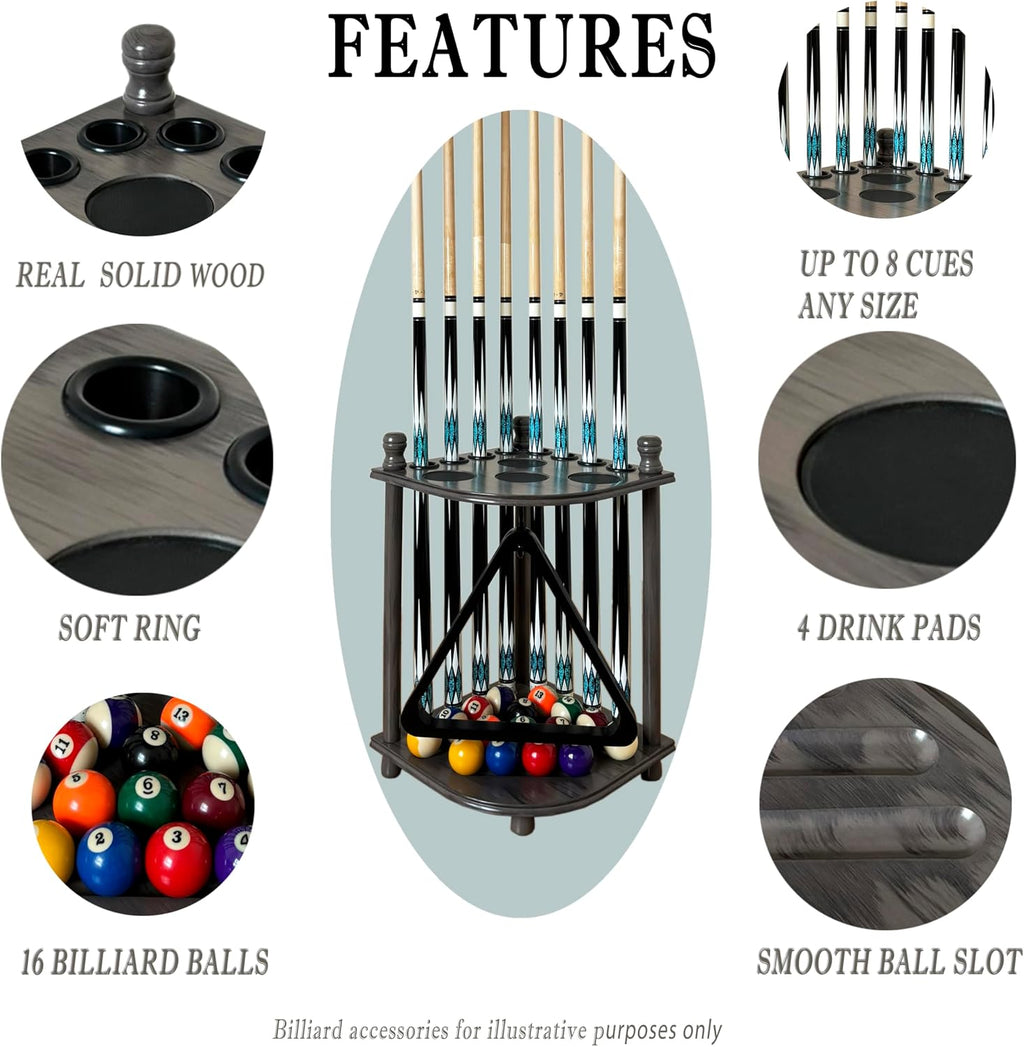Pool Cue Rack Hold up to 8 Sticks & Billiard Accessories. Floor Stand Pool Cue Stick Holder Made of 100% Solid Hardwood.(Grey)