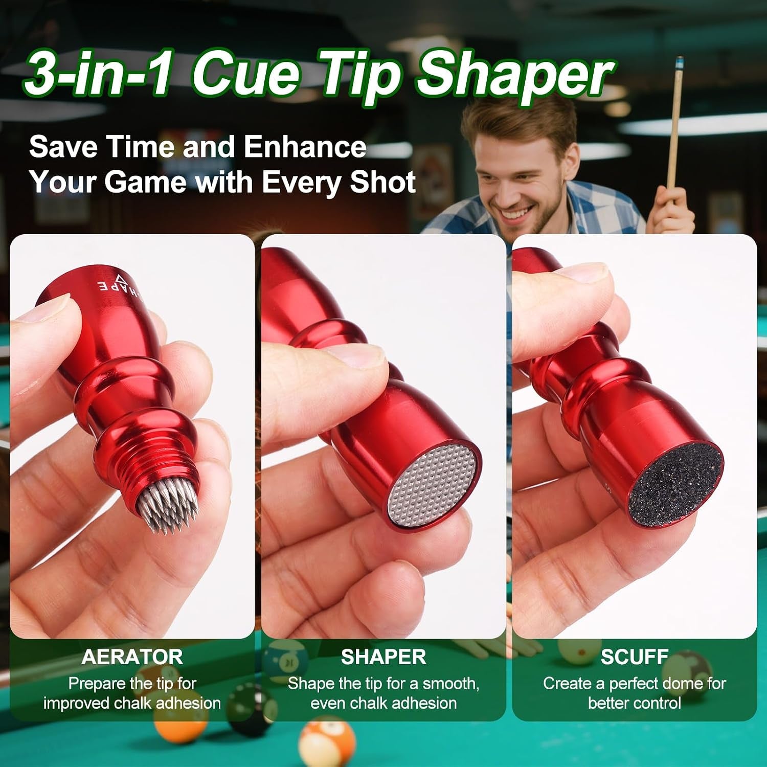 2 Pack Premium Pool Cue Tip Tools, 3-In-1 Billiard Cue Tip Shaper, Compact Billiards Pool Accessories & Tip Repair Kit, Gift for Friends or Pool Lovers