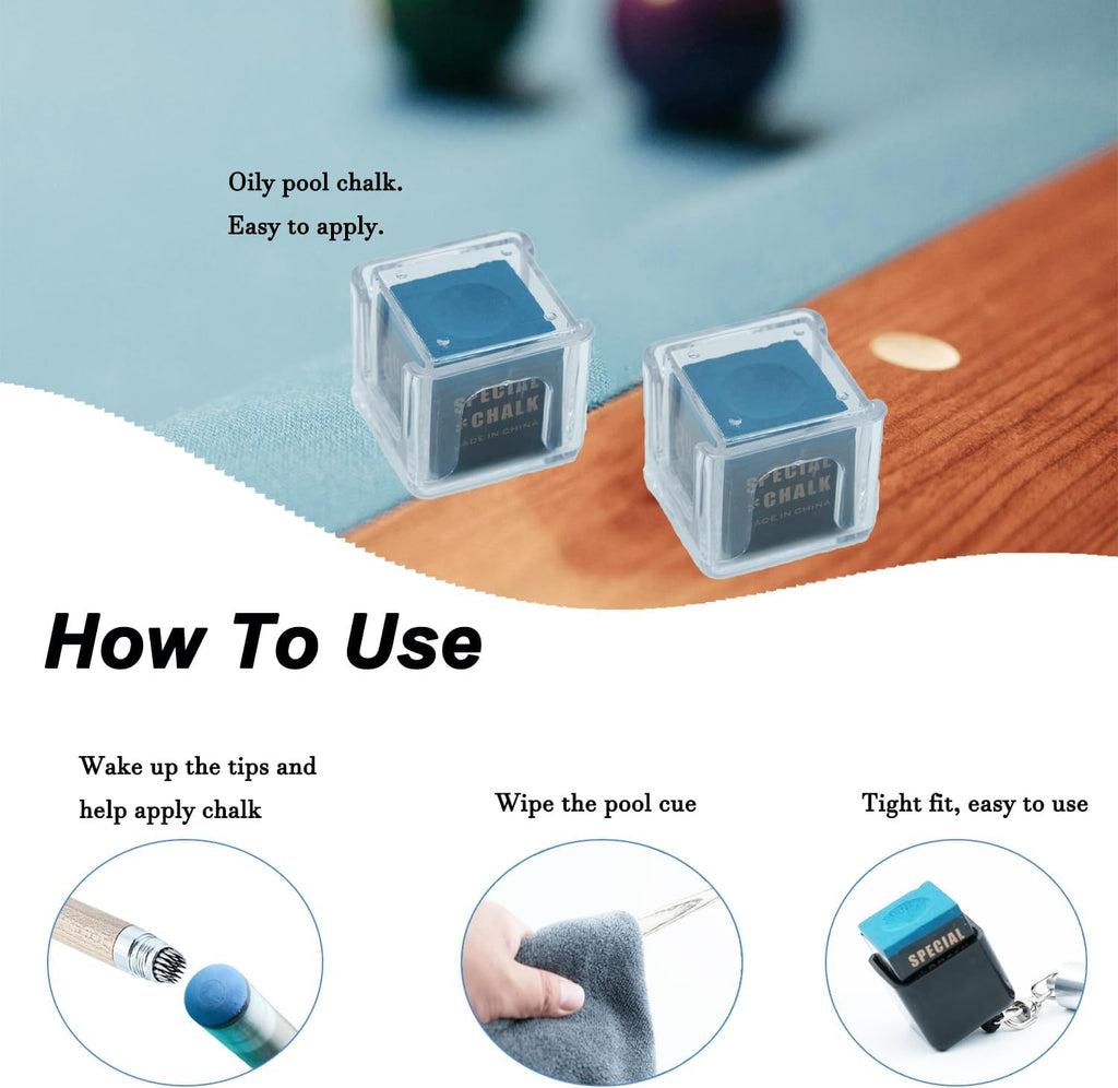 11-In-1 Pool Cue Chalk Holder with Pool Glove Left Hand, Portable 2 in 1 Billiard Cue Chalk Holder & Acrylic Pool Chalk Holder, Cue Chalk, Cue Cloth