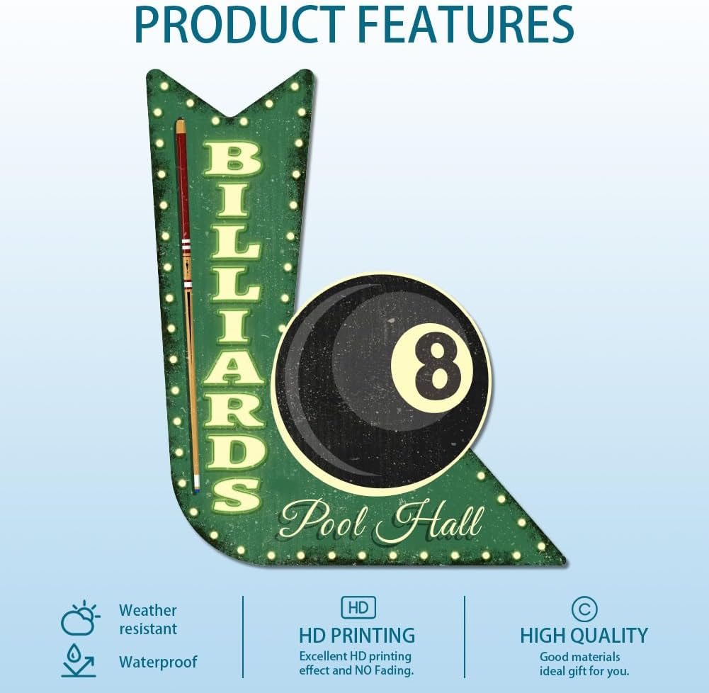 Billiards Vintage Metal Tin Sign 9.1X10.6Inch Retro Arrow Sign Plaque Poster Pool Hall Metal Wall Decorative Tin Signs for Pool Hall Billiard Room Restaurant Coffee Shop Club Bar Decoration