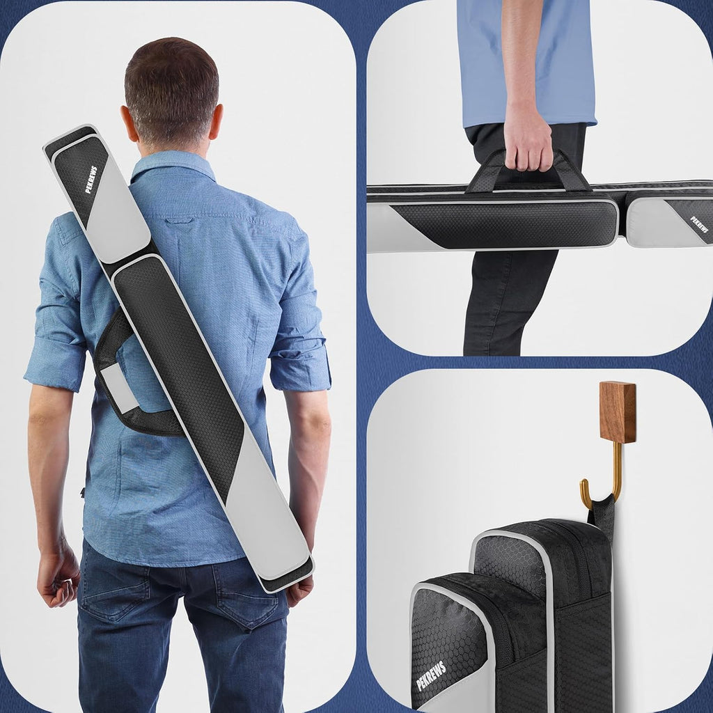 Pool Cue Case, Pool Stick Case 2X2 with 2 Accessories Pockets | Sturdy Pool Cue Carrying Bag, Shoulder Strap and Handle, Soft Billiard Stick Holder, Sling Bag for Men and Women