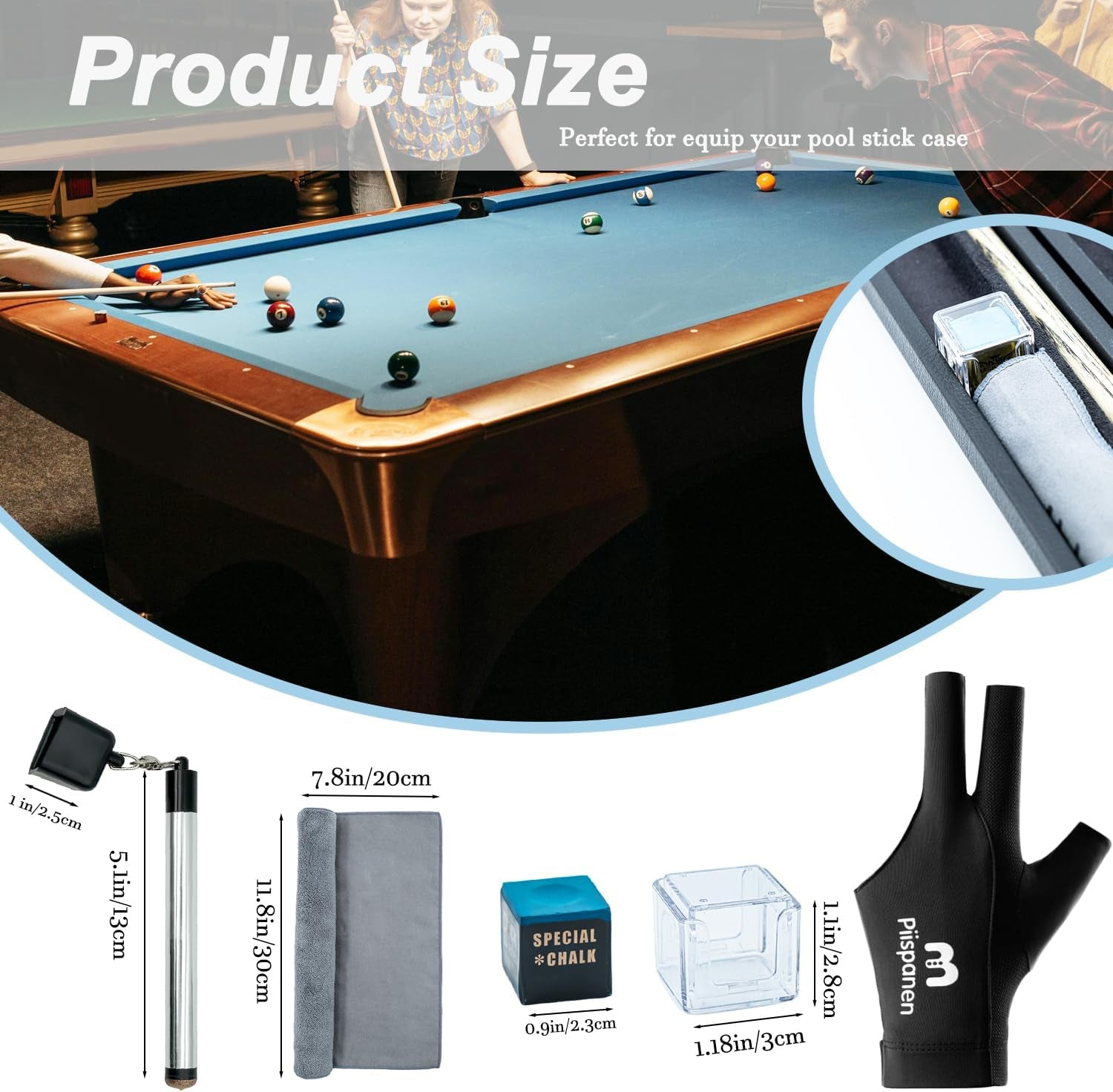 11-In-1 Pool Cue Chalk Holder with Pool Glove Left Hand, Portable 2 in 1 Billiard Cue Chalk Holder & Acrylic Pool Chalk Holder, Cue Chalk, Cue Cloth