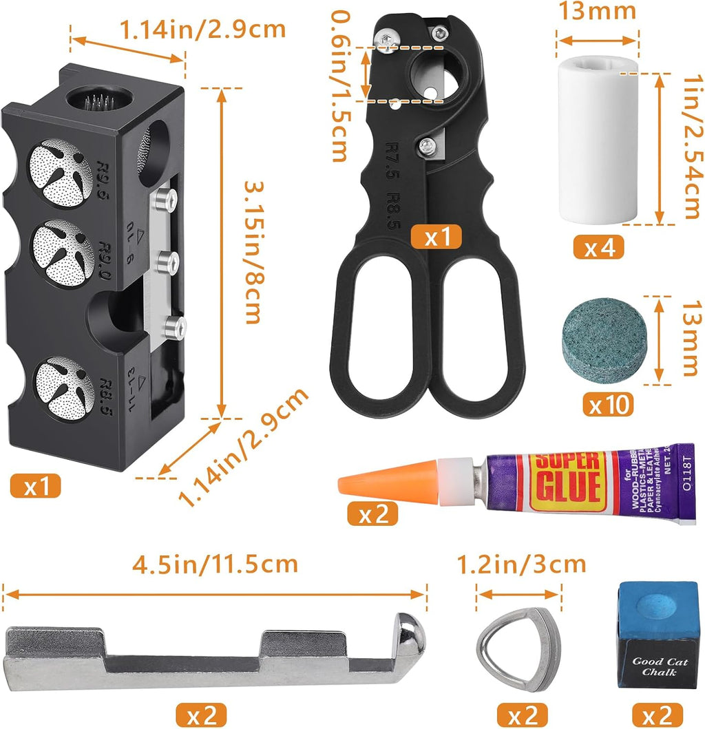 22Pcs Pool Cue Repair Kit: 11 in 1 Pool Cue Tips Repair Tool 2 Pool Cue Tip Clamps 10 Billiard Cue Tips 4 Ferrules 2 Chalk Cubes 1 Pool Cue Tip Scissor