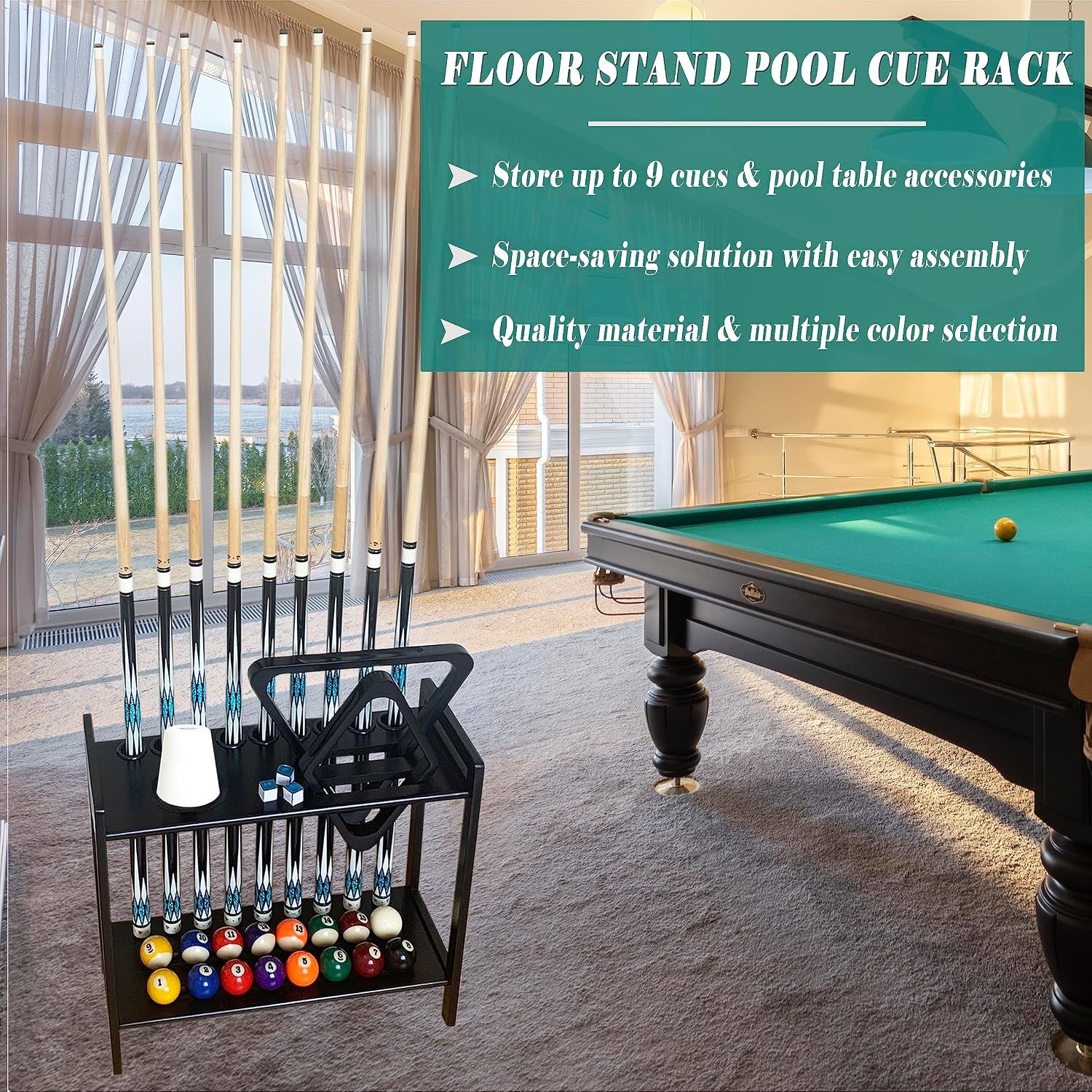 Pool Stick Holder Floor Stand Holds 9 Cues & Pool Table Accessories. Wooden 2-Tier Cue Stick Storage with Ball Rack Hangers, Billiard Cone Chalk Holder or Drink Pads