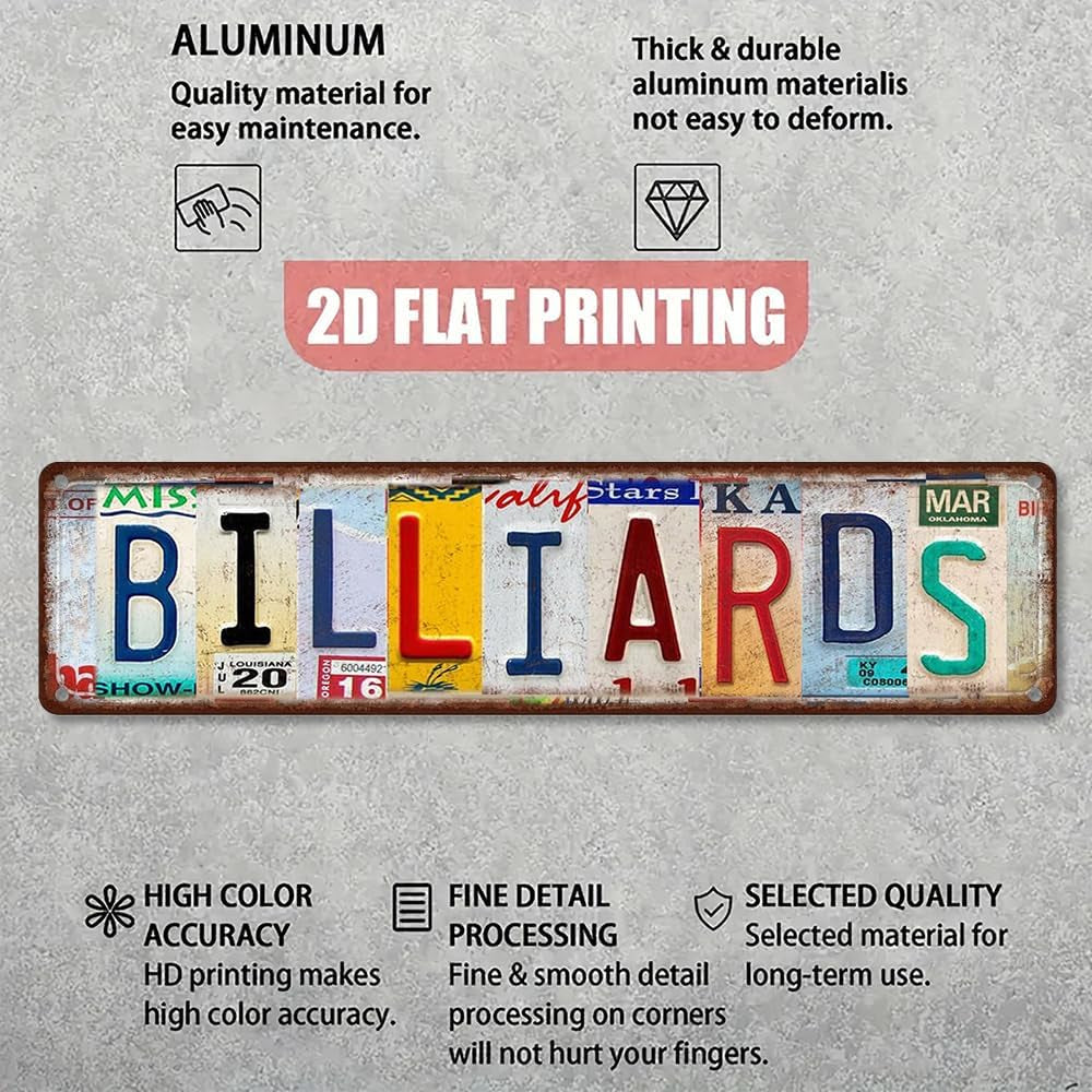 Billiards Metal Sign – Vintage License Plate Style Wall Decor – Rustic Tin Plaque for Man Cave, Game Room, Pool Hall & Pub Bar – Retro Industrial Design with Pre-Drilled Holes 16X4 Inch Aluminum (Diversity-03)