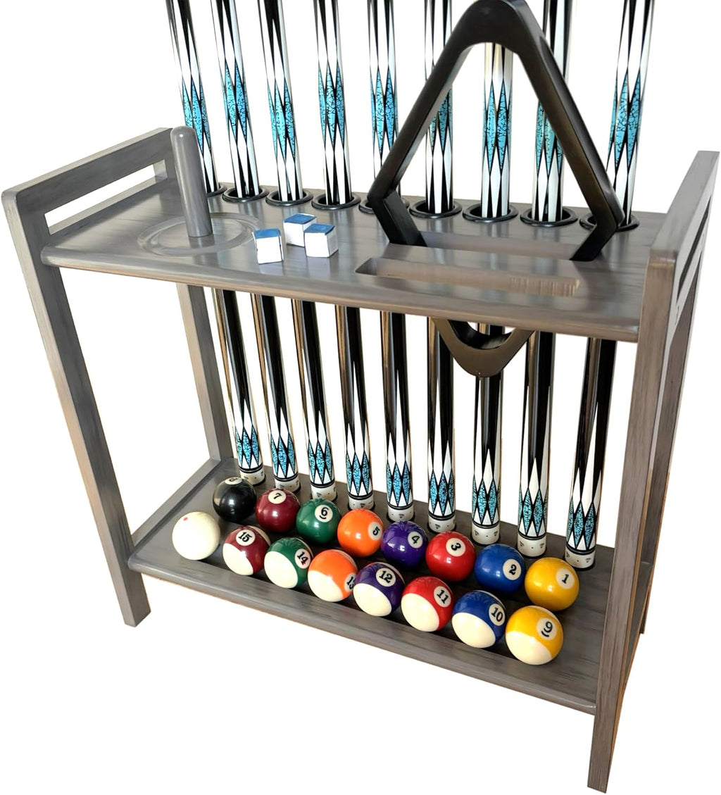Pool Stick Holder Floor Stand Holds 9 Cues & Pool Table Accessories. Wooden 2-Tier Cue Stick Storage with Ball Rack Hangers, Billiard Cone Chalk Holder or Drink Pads