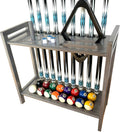 Pool Stick Holder Floor Stand Holds 9 Cues & Pool Table Accessories. Wooden 2-Tier Cue Stick Storage with Ball Rack Hangers, Billiard Cone Chalk Holder or Drink Pads
