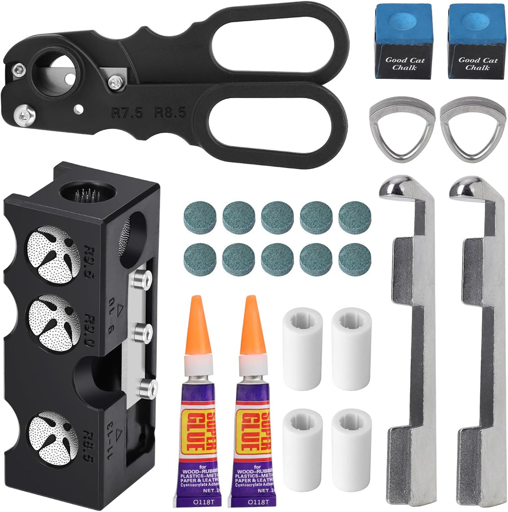 22Pcs Pool Cue Repair Kit: 11 in 1 Pool Cue Tips Repair Tool 2 Pool Cue Tip Clamps 10 Billiard Cue Tips 4 Ferrules 2 Chalk Cubes 1 Pool Cue Tip Scissor
