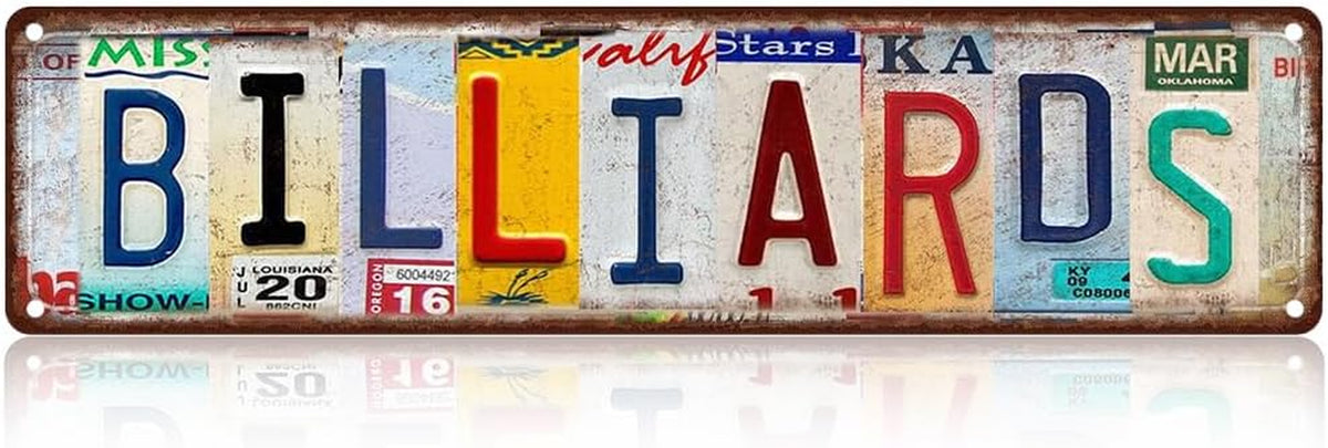 Billiards Metal Sign – Vintage License Plate Style Wall Decor – Rustic Tin Plaque for Man Cave, Game Room, Pool Hall & Pub Bar – Retro Industrial Design with Pre-Drilled Holes 16X4 Inch Aluminum (Diversity-03)
