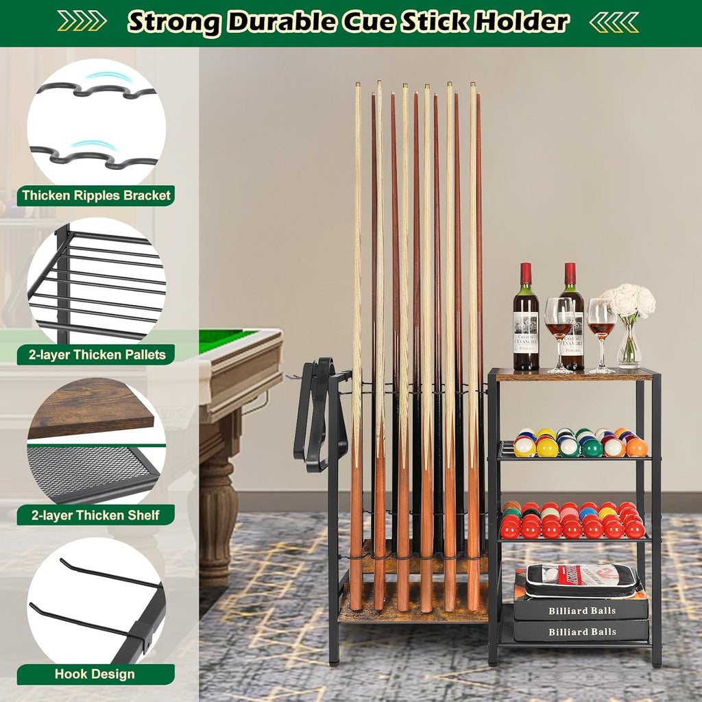 Pool Stick Holder Rack Stand for 12 Cue Sticks -Large Billiards Game Room Storage with Organizer for Balls, Triangle,Pool Table Accessories - Heavy Duty Cue Stick Holder Floor Stand for Home or Bar