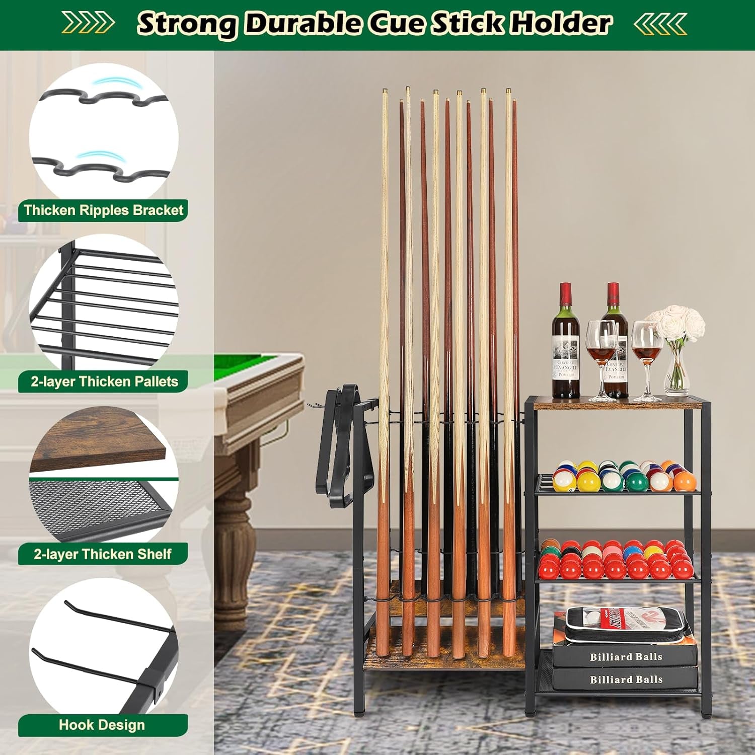 Pool Stick Holder Rack Stand for 12 Cue Sticks -Large Billiards Game Room Storage with Organizer for Balls, Triangle,Pool Table Accessories - Heavy Duty Cue Stick Holder Floor Stand for Home or Bar