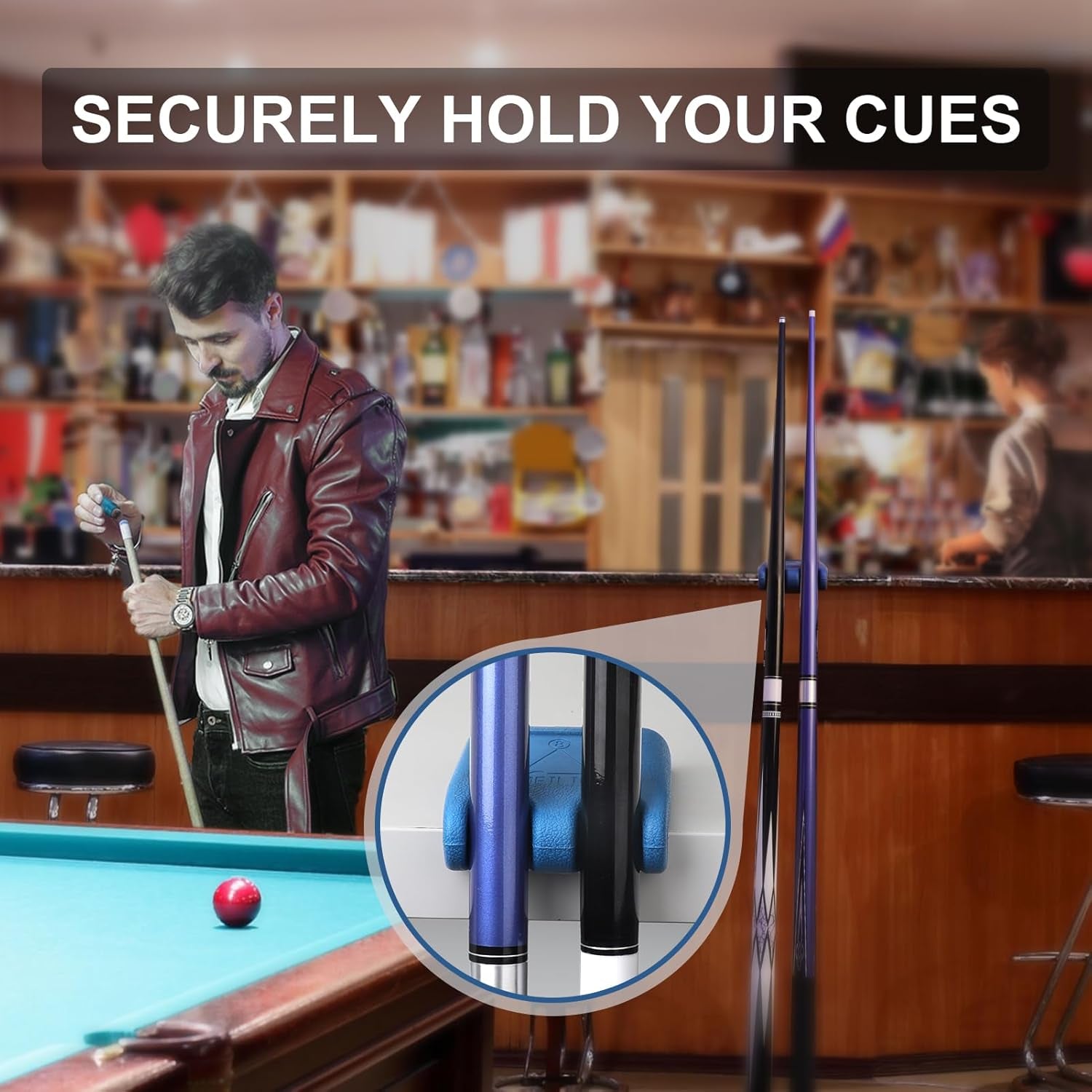 Portable Cue Holder - 2 Cue Weighted Rubber 2 Hole Stick Holder with Tip Tool (Blue)