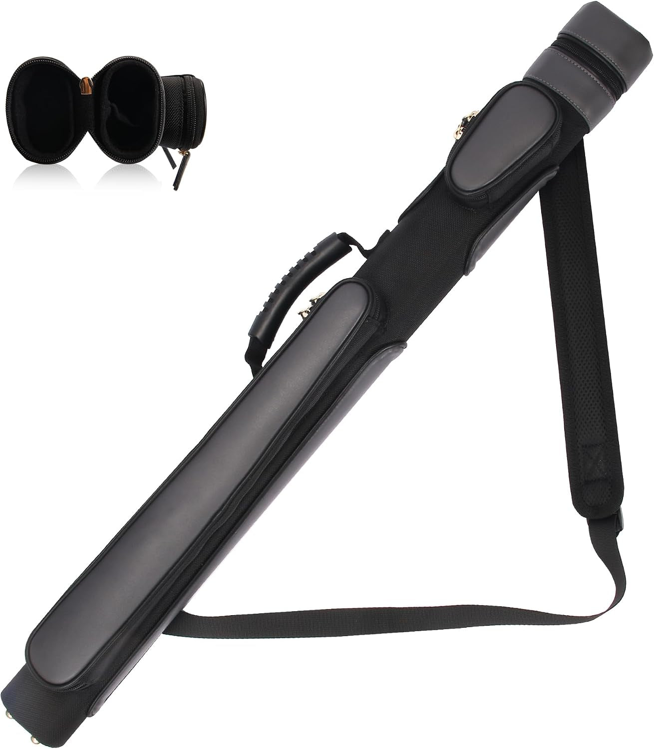 Pool Cue Case, Hard Pool Stick Case 1X1 | Holds 1 Complete 2-Piece Cue, 2 Zipper Pockets, Shoulder Strap Handle, Waterproof Microfiber Leather, for Man Women