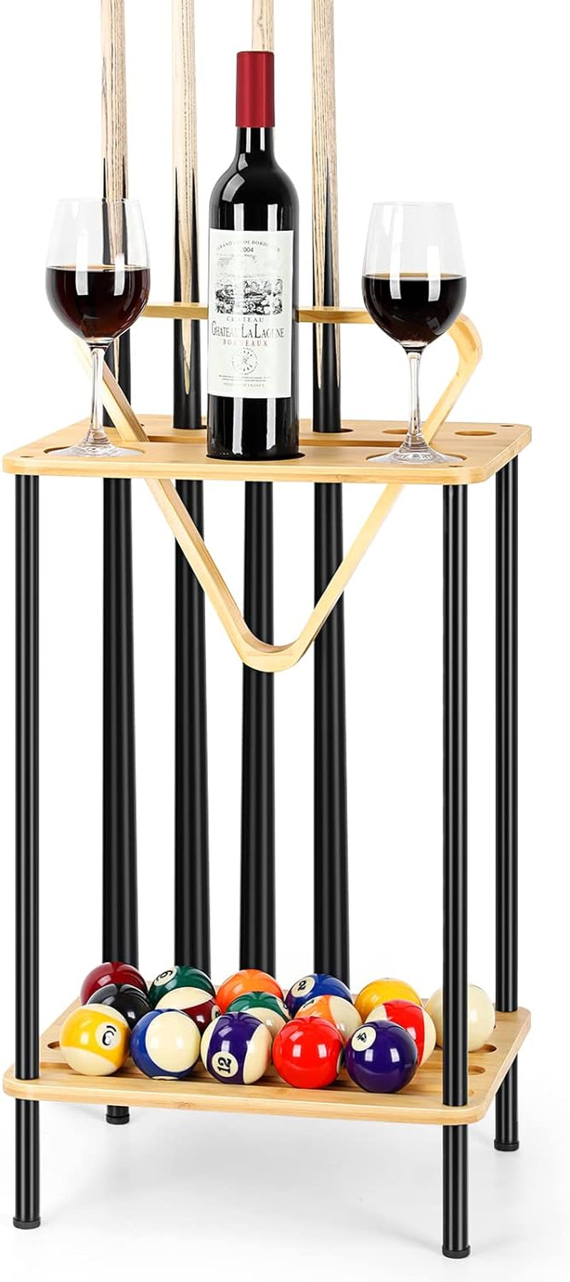 Billiard Accessories - Wooden Pool Cue Rack Holds 6 Sticks, Floor Stand, Wood Color