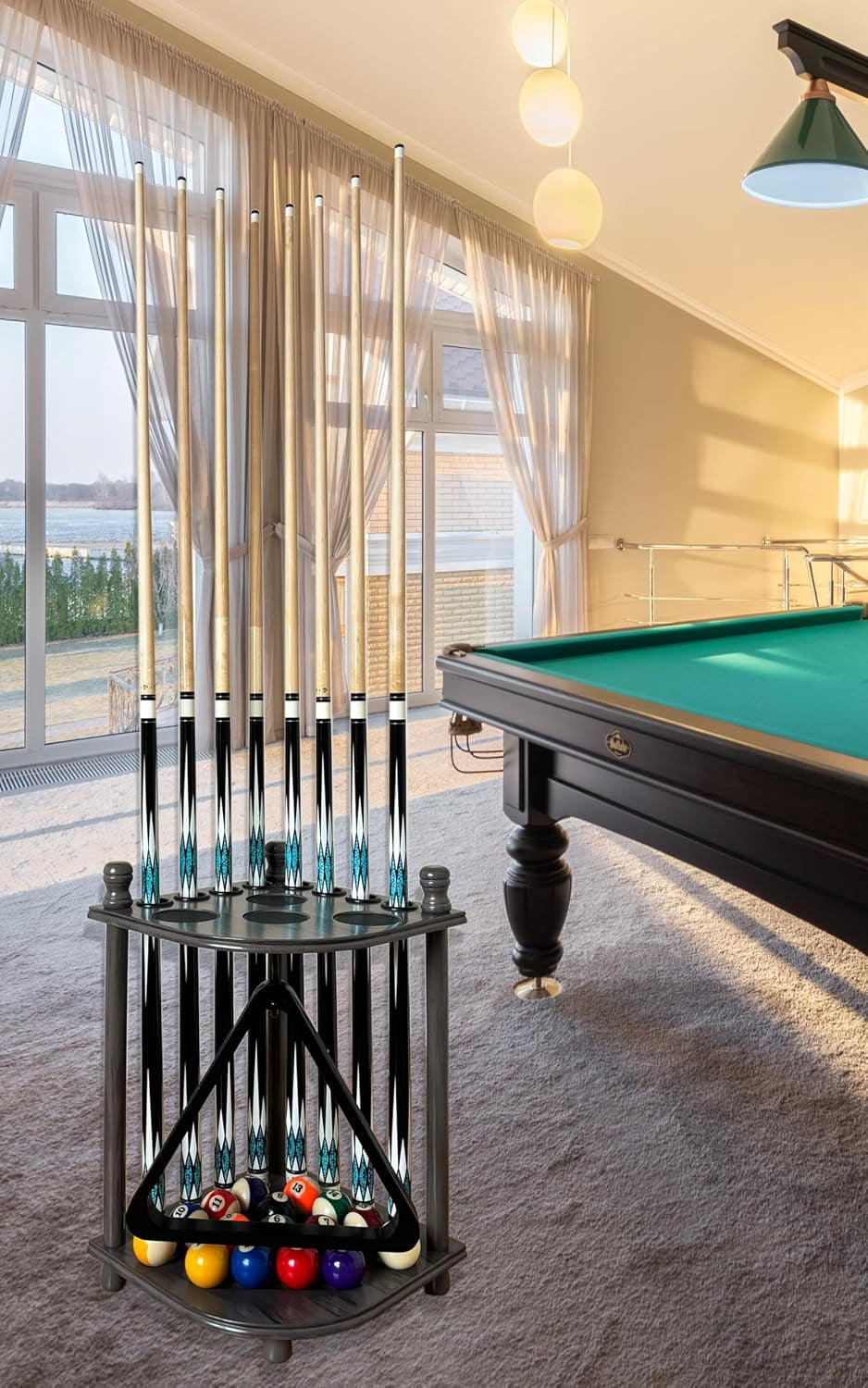 Pool Cue Rack Hold up to 8 Sticks & Billiard Accessories. Floor Stand Pool Cue Stick Holder Made of 100% Solid Hardwood.(Grey)