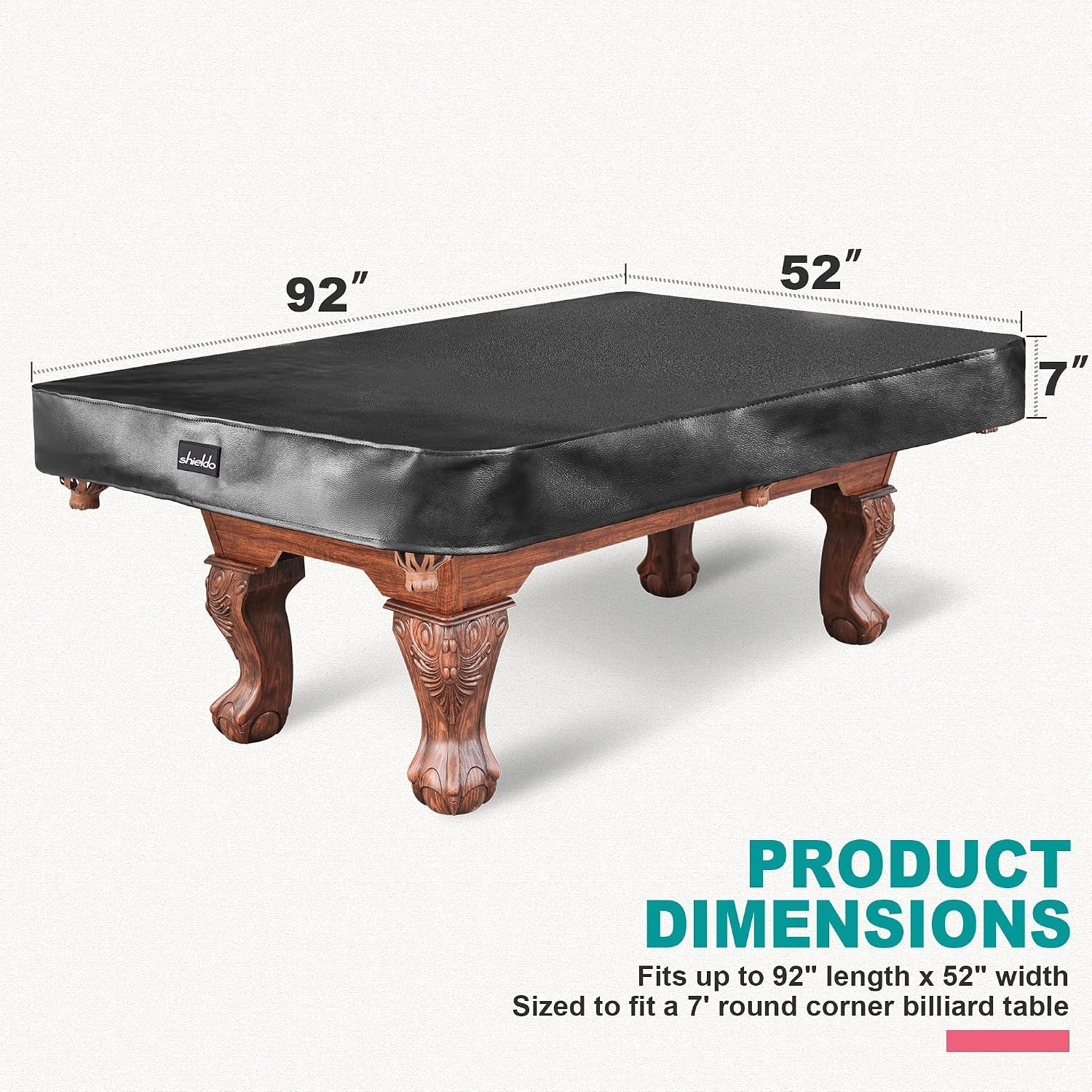Pool Table Cover, Heavy Duty Leatherette Billiard Table Cover | Waterproof & Tearproof Cover for Pool Table, Black, 7FT-92"LX 52"WX 7"H