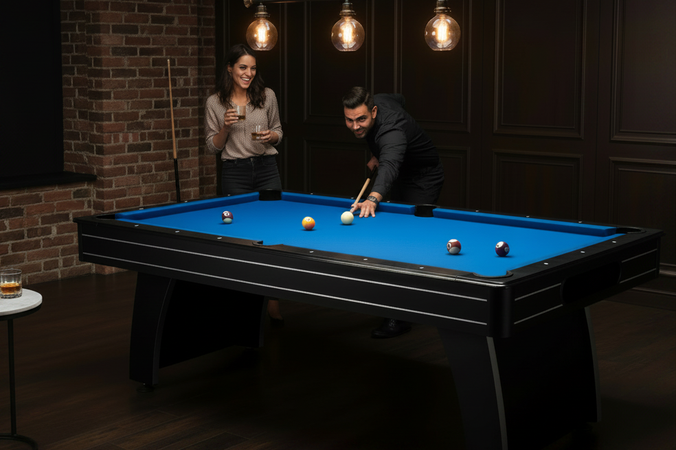 7 Ft Blue Top Pool Table with 2 Cues and Billiard Balls
