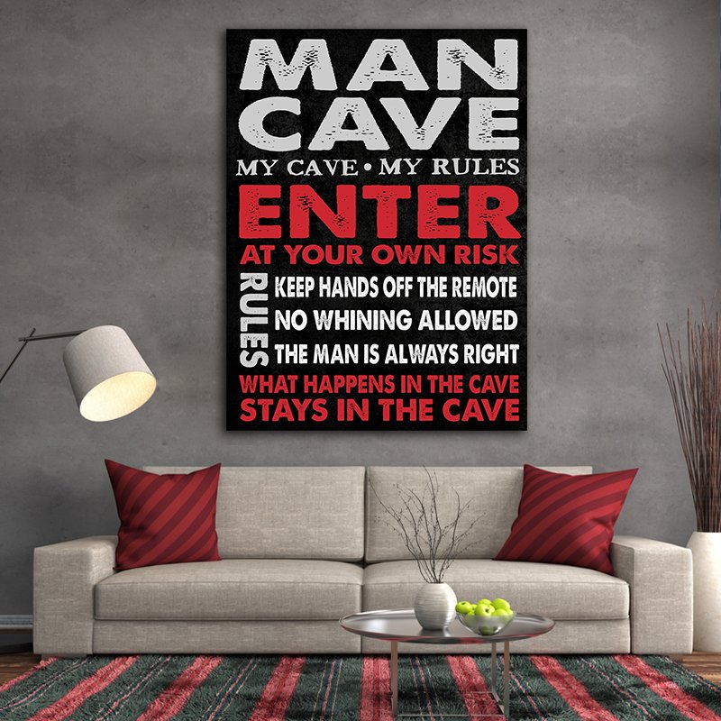 Man Cave Sign Canvas Wall Art – Rustic Bar & Garage Decor Gift for Men