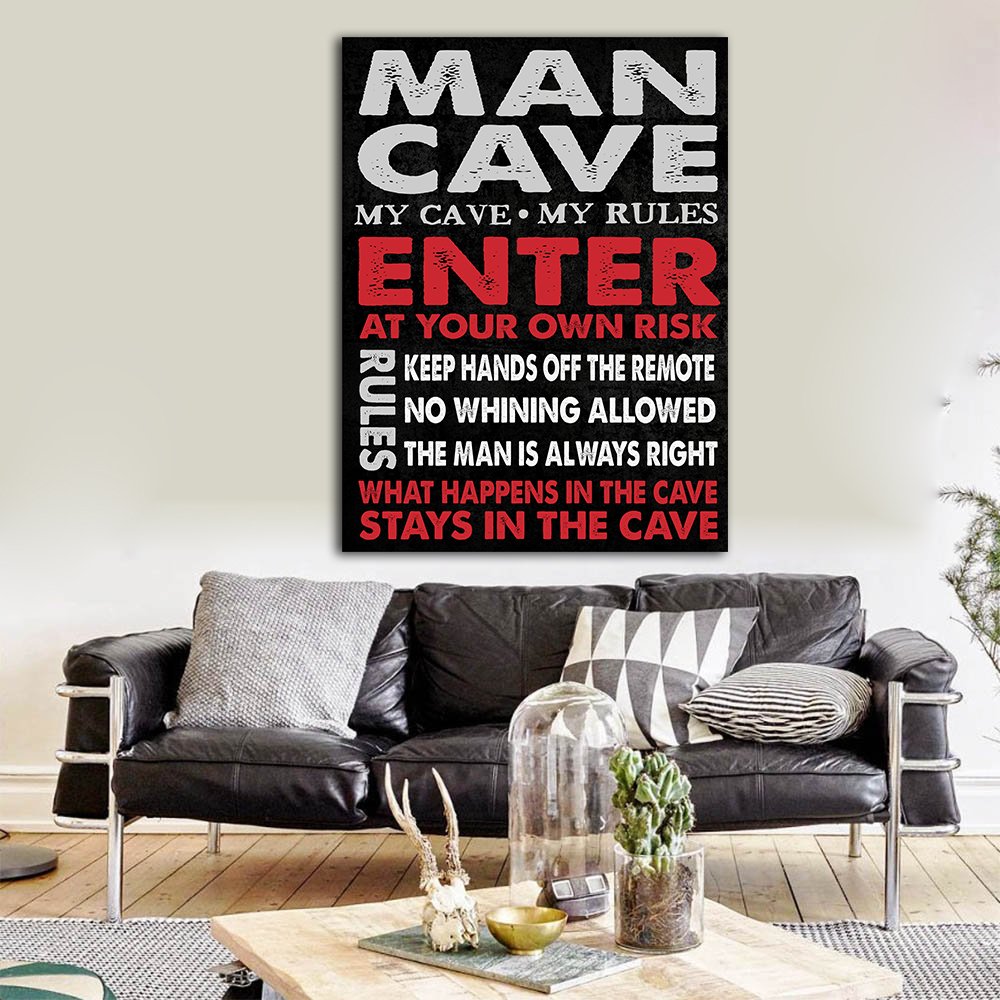 Man Cave Sign Canvas Wall Art – Rustic Bar & Garage Decor Gift for Men