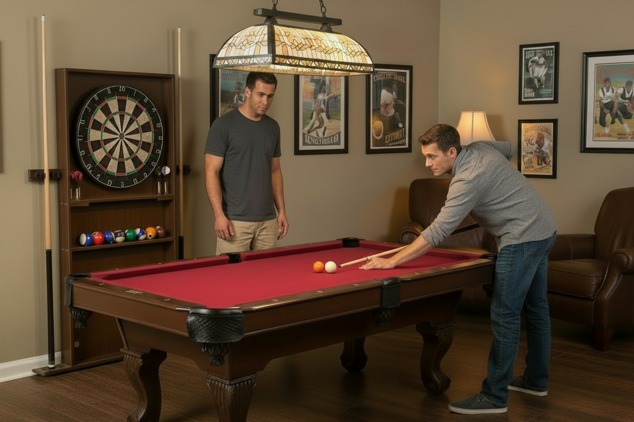 One person shooting, one watching, single cue on table