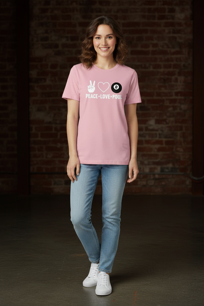 Peace Love Pool - Pink Tee Female Model Dark Background