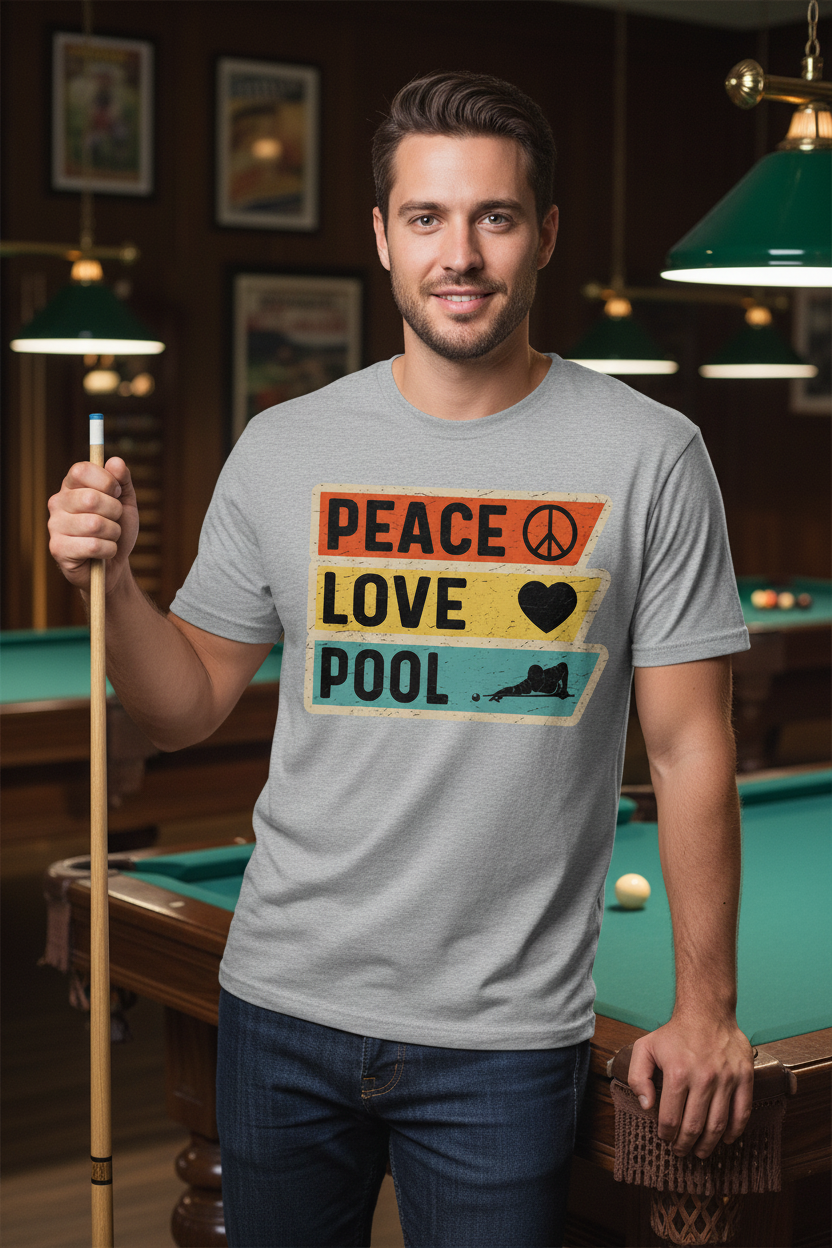 Peace Love Pool Sport Grey Tee - Casual Guy with Pool Cue