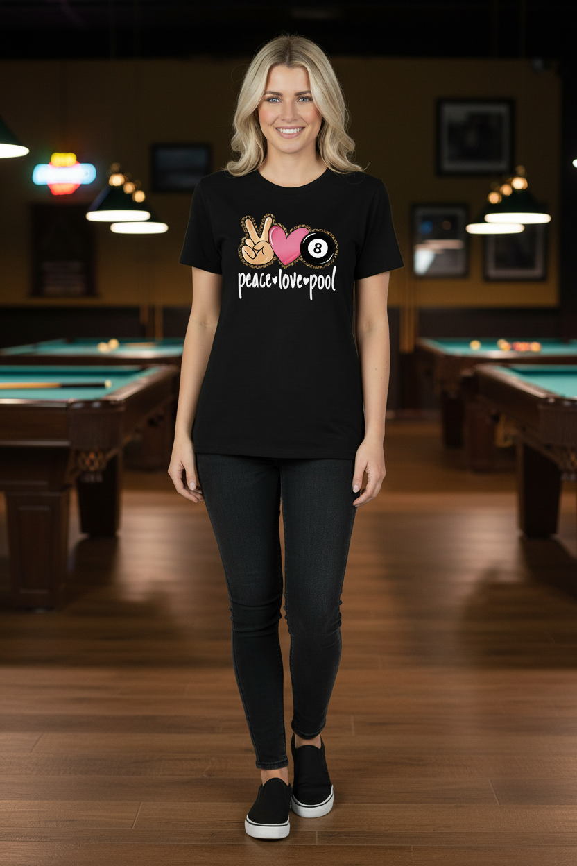Peace Love Pool T-Shirt - Pool Hall Background