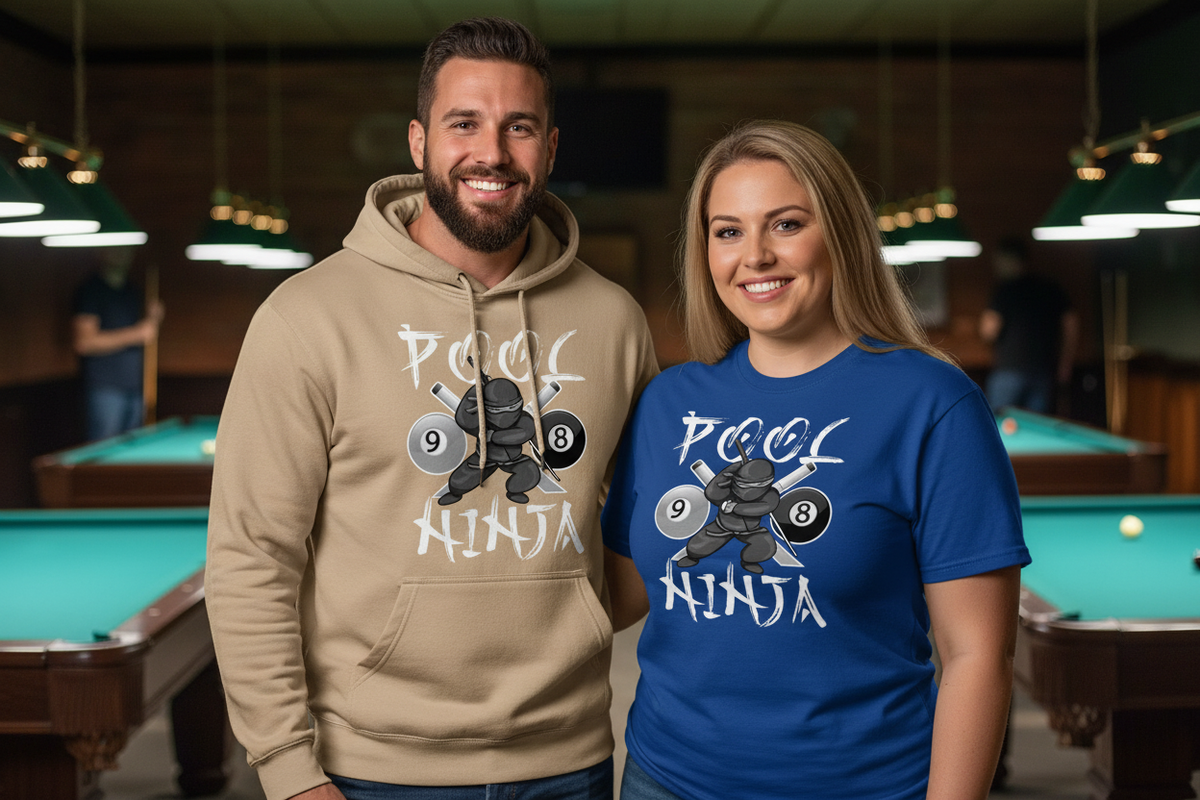 Pool Ninja Couple Shot - Sand Hoodie & Royal Blue Tee