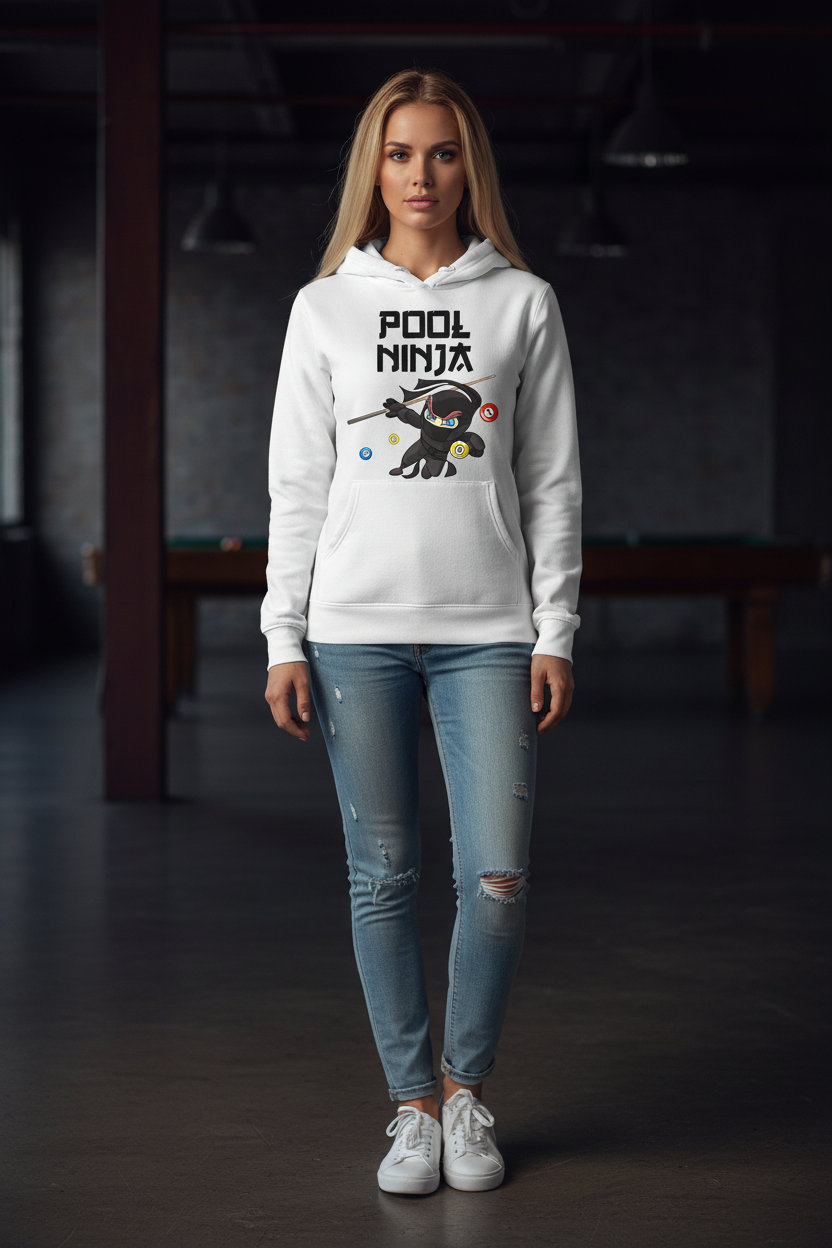 Pool Ninja Hoodie - Blonde Tan Female Model White Hoodie