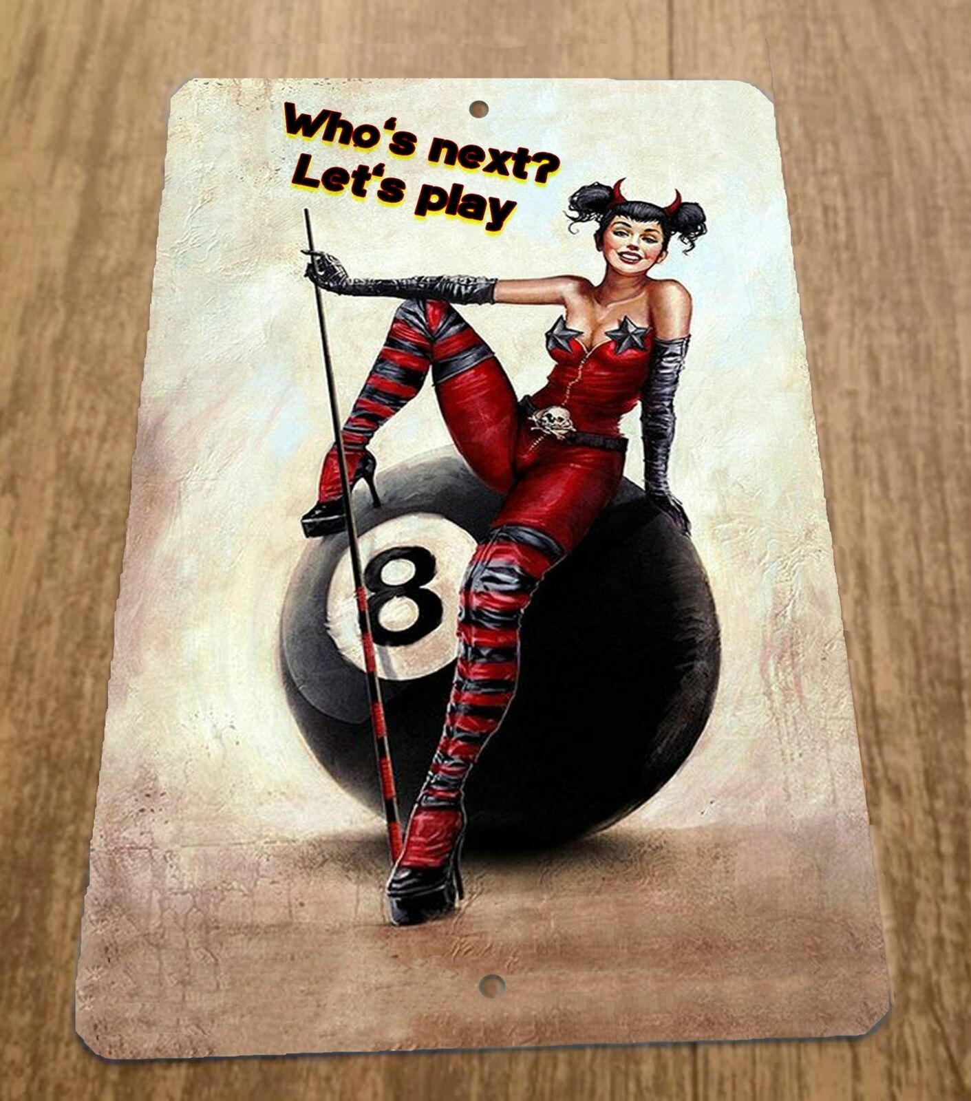 Whos Next Let's Play Devil Pinup Girl 8 Ball Pool Metal Wall Sign 8x12 Inches - Sports Bar Decor