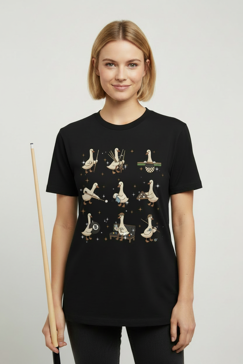 Silly Goose Tee - Blonde Model with Pool Cue
